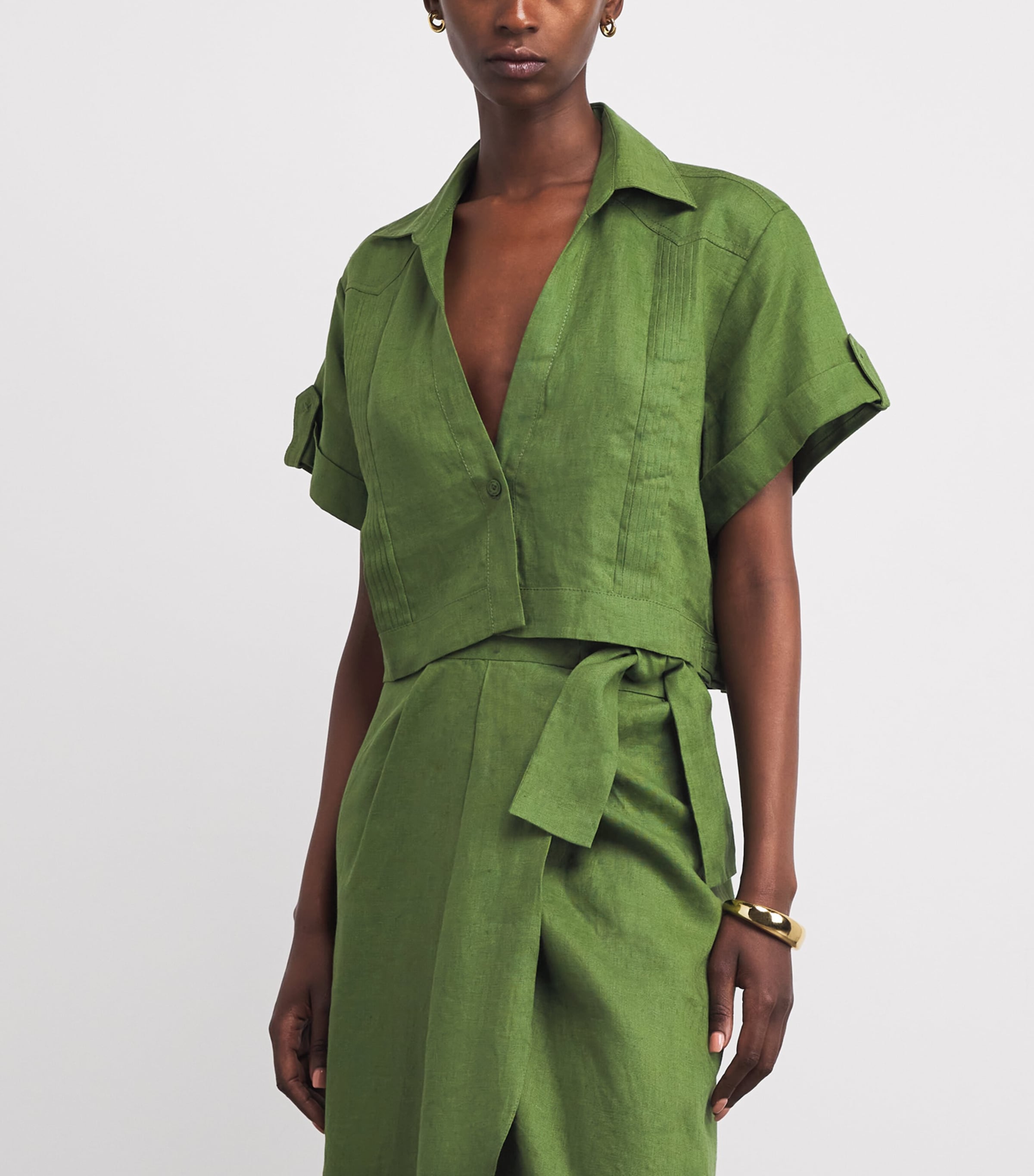 Johanna Ortiz Womens Linen Language of the Soul Cropped Shirt Green Image 3
