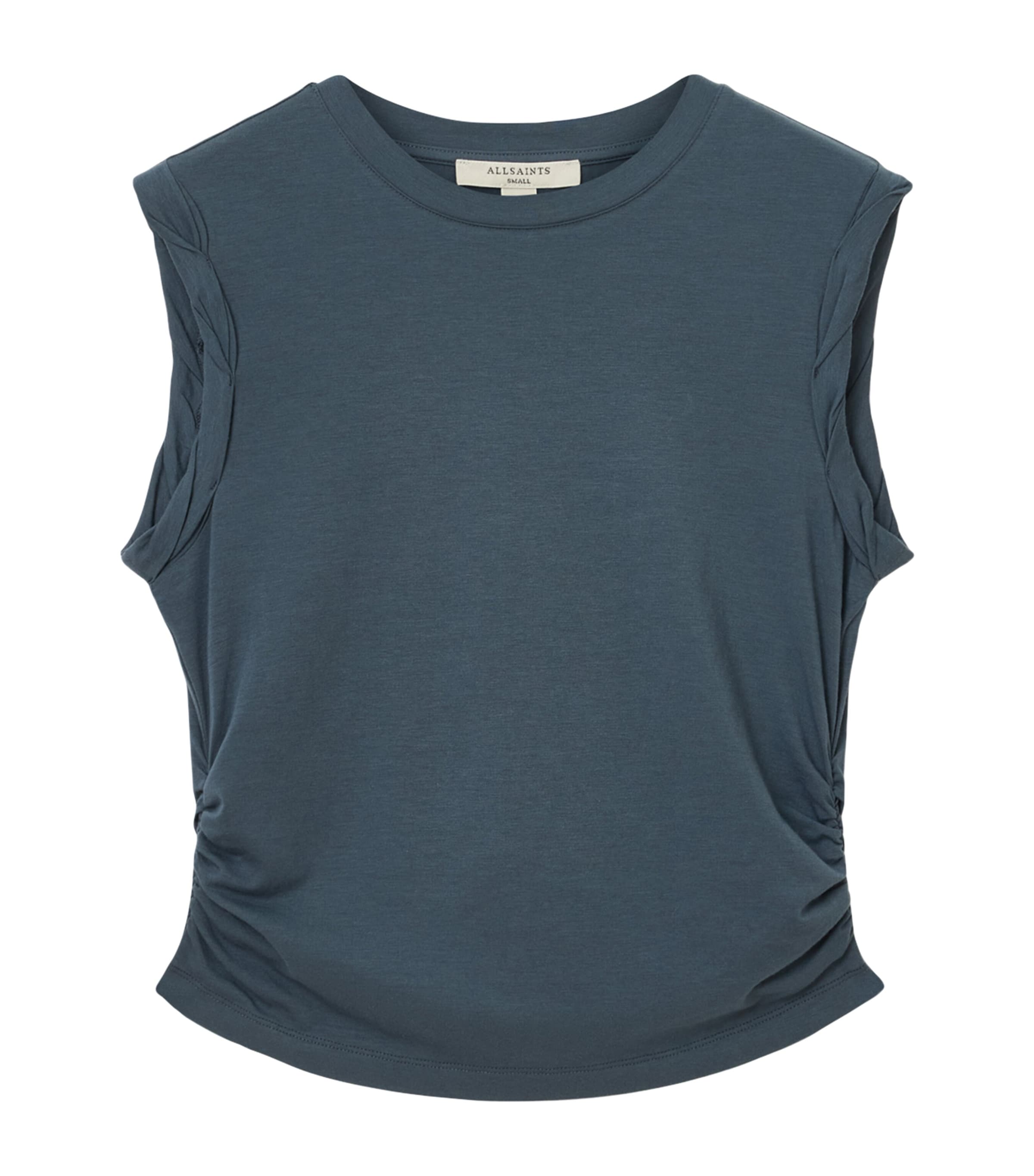 Allsaints Womens Dark Slate Blu West Ruched Stretch Cotton-blend Top In Blue