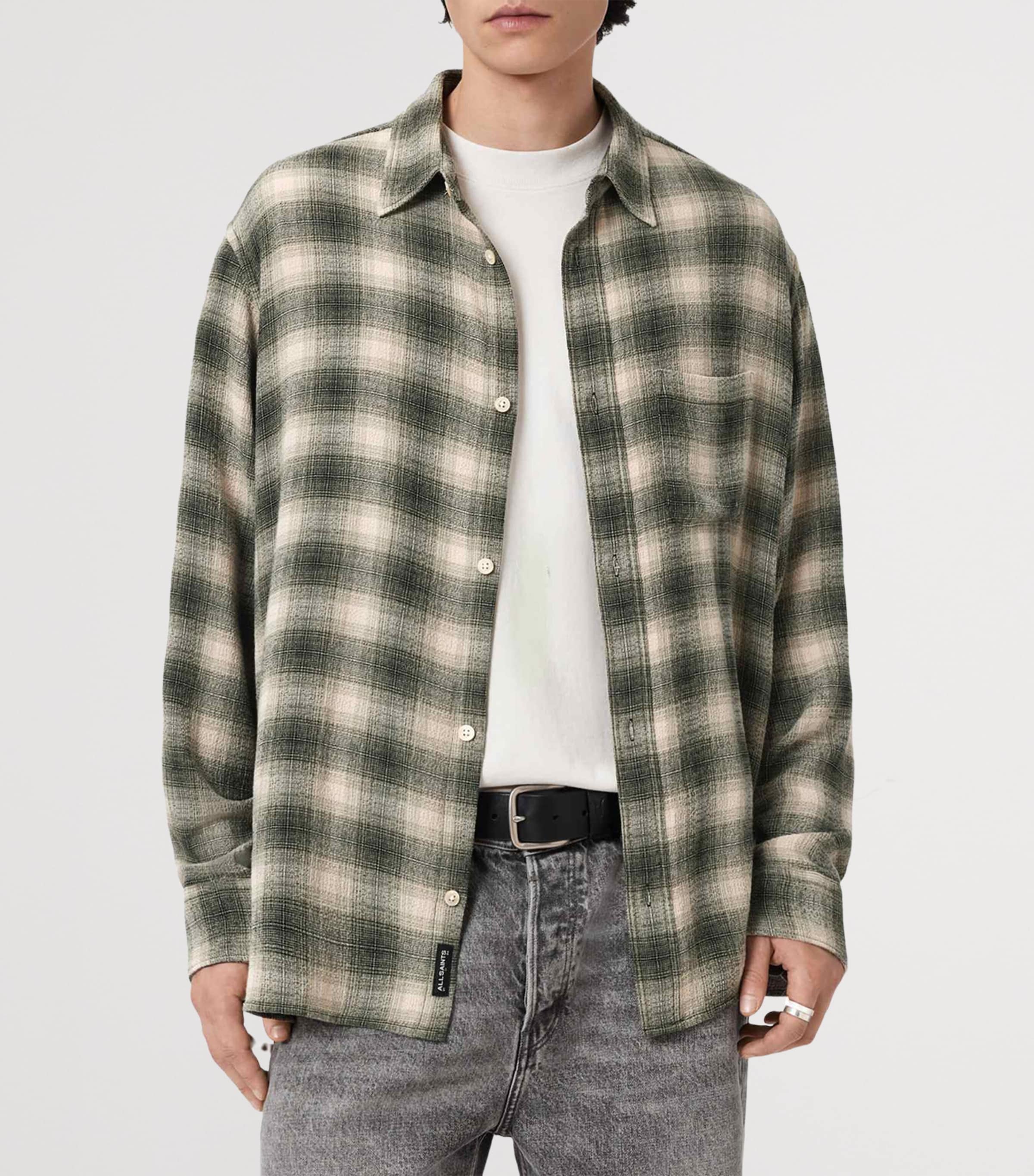 AllSaints Mens Check Lumley Shirt Pale Olive Green Image 4