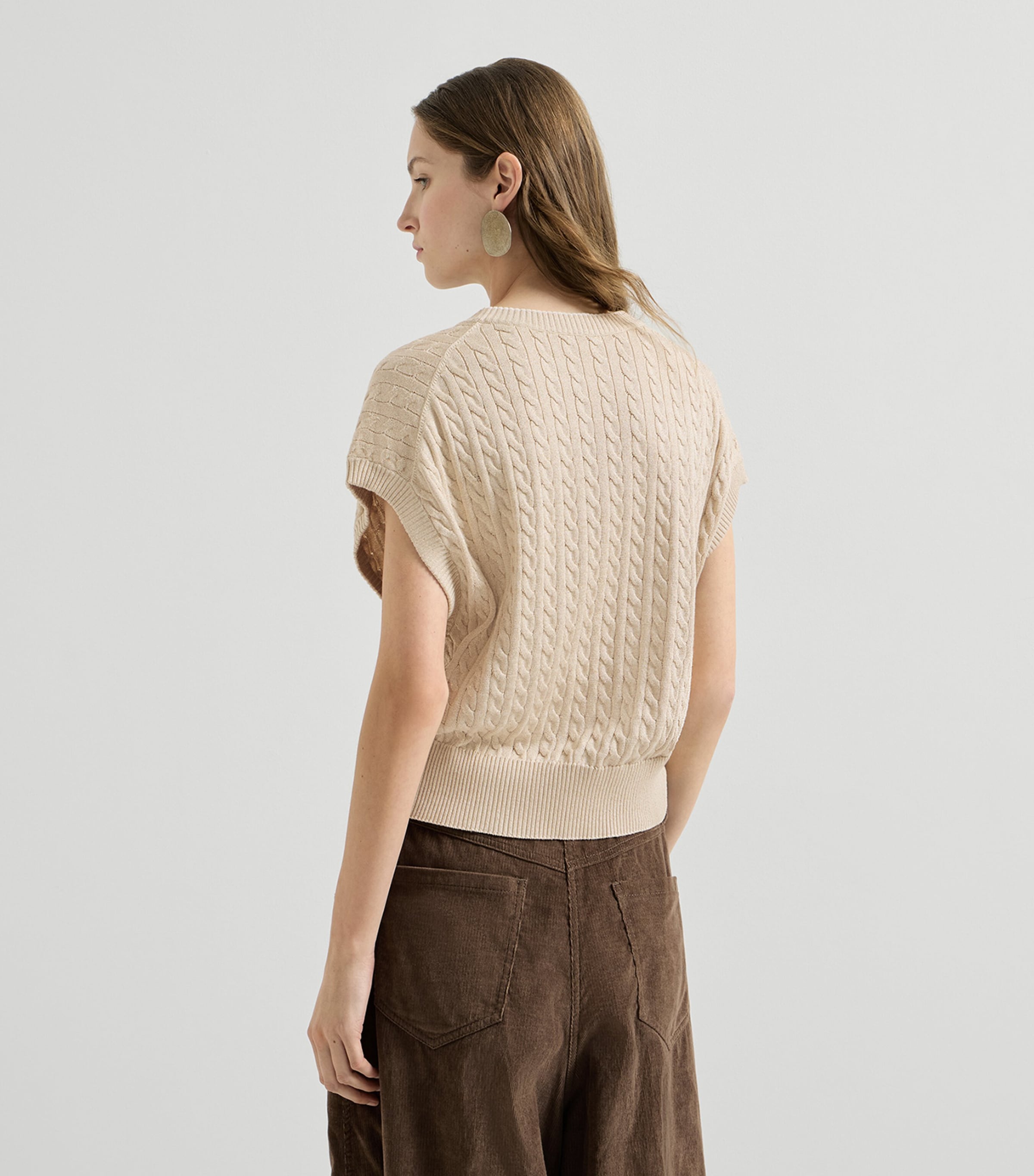 Brunello Cucinelli Womens Cable-Knit Sparkling Short-Sleeve Sweater Butter Image 5