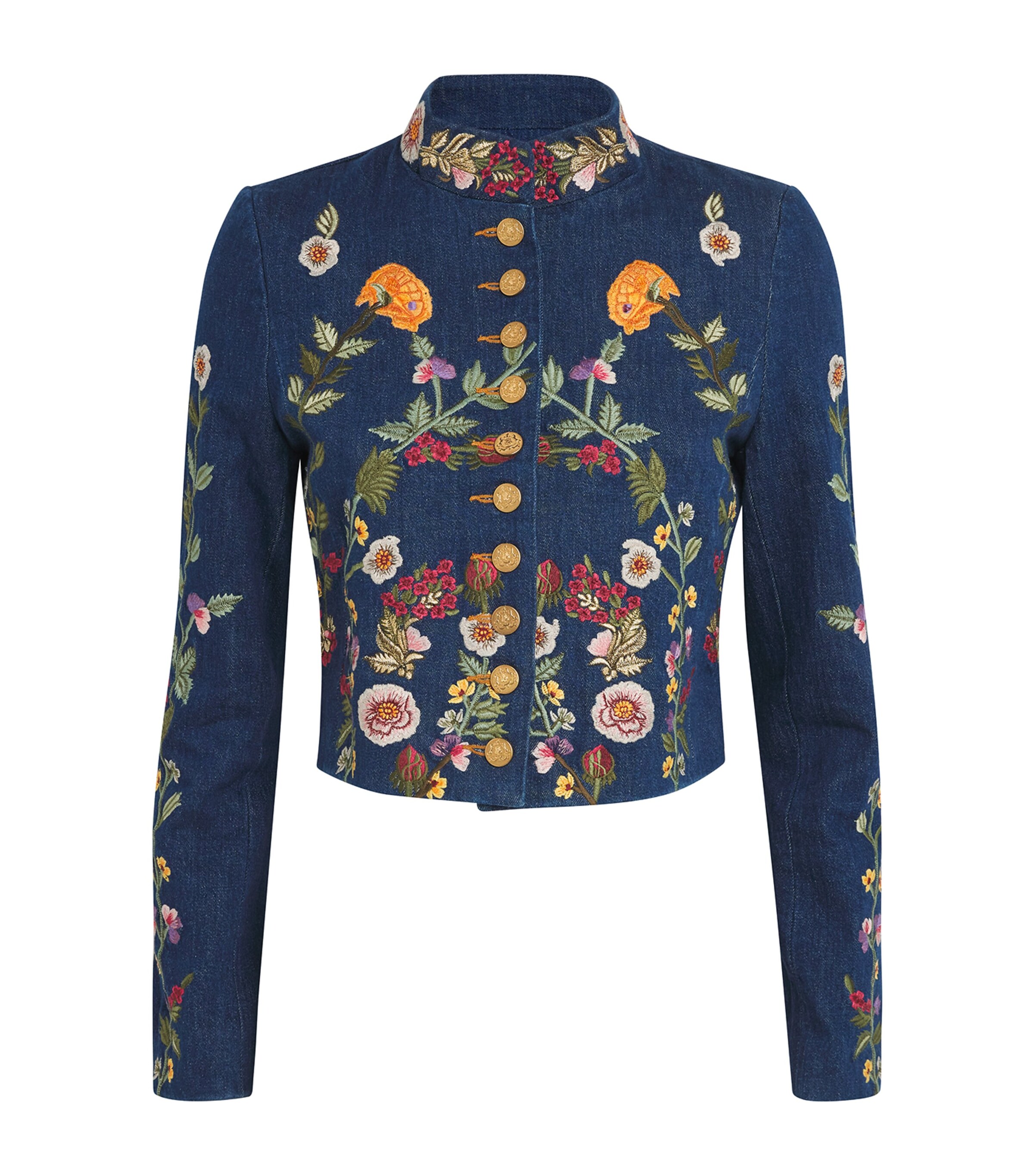 Alice+Olivia Womens Embroidered Emerson Denim Jacket Drk Mlti Image 1