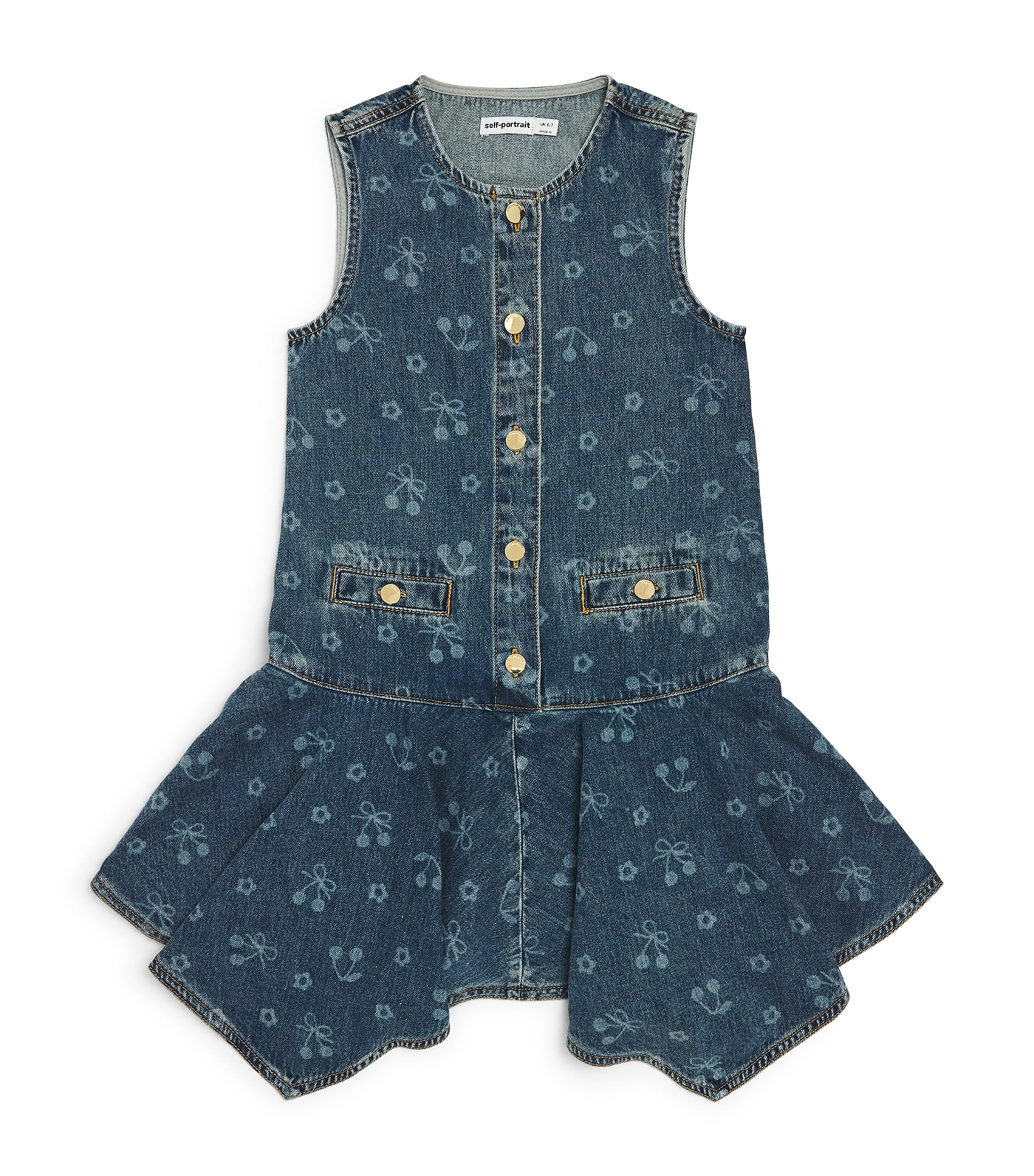 Self-Portrait Kids Denim Cherry Print Dress (3-12 Years) Blue Image 1