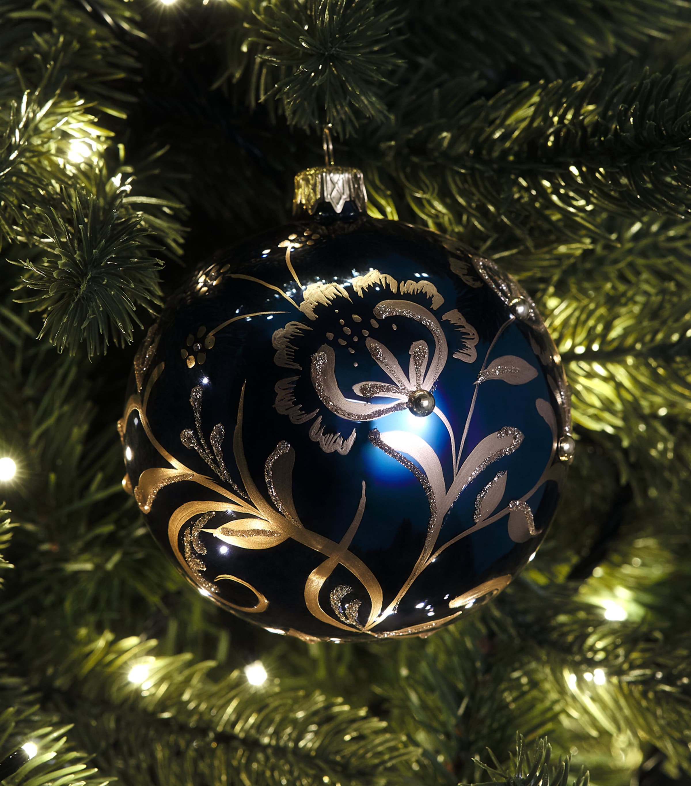 Harrods Glitter Floral Bauble Navy Blue Image 3