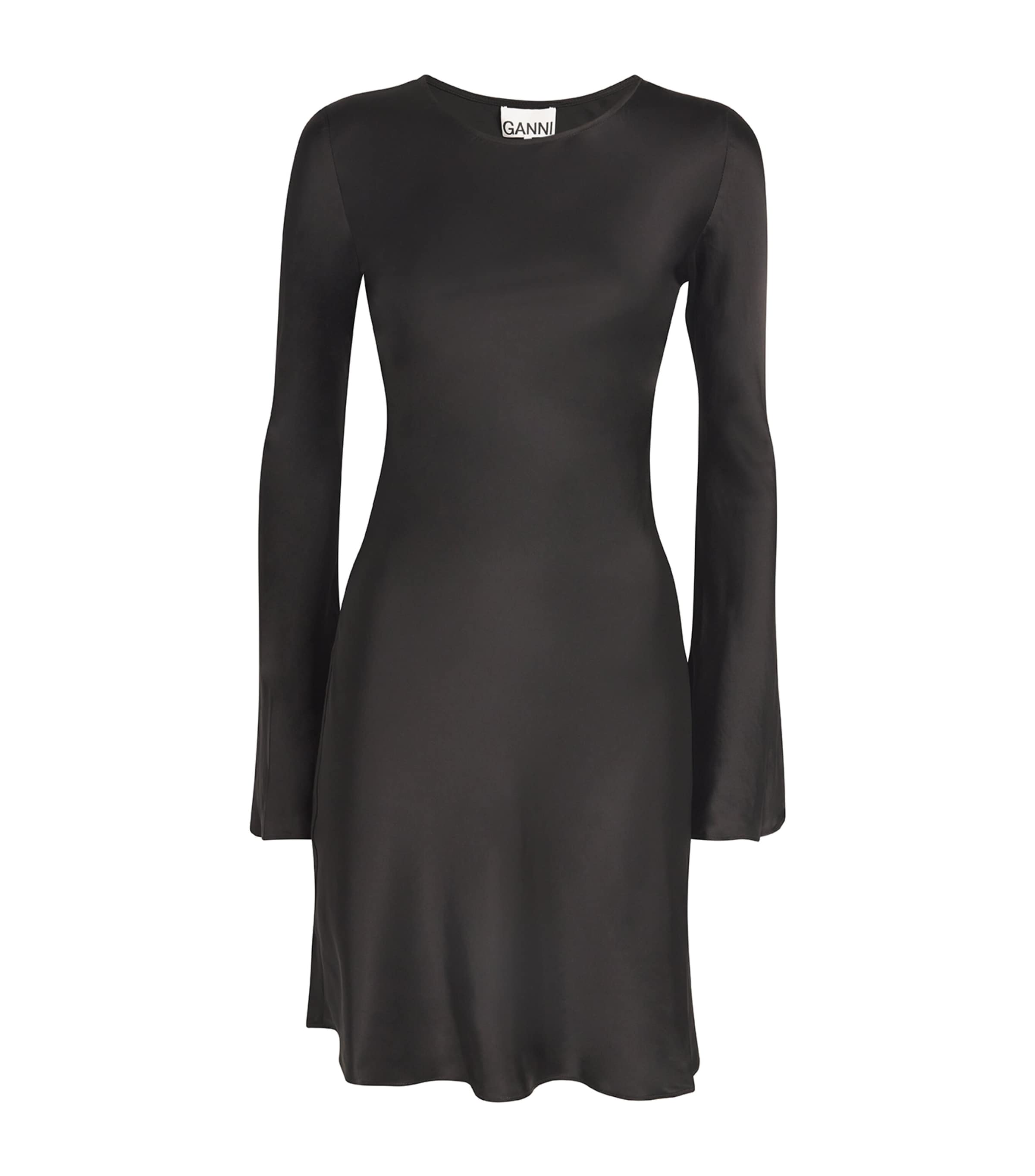 Shop Ganni Satin Long-sleeve Dress In Black