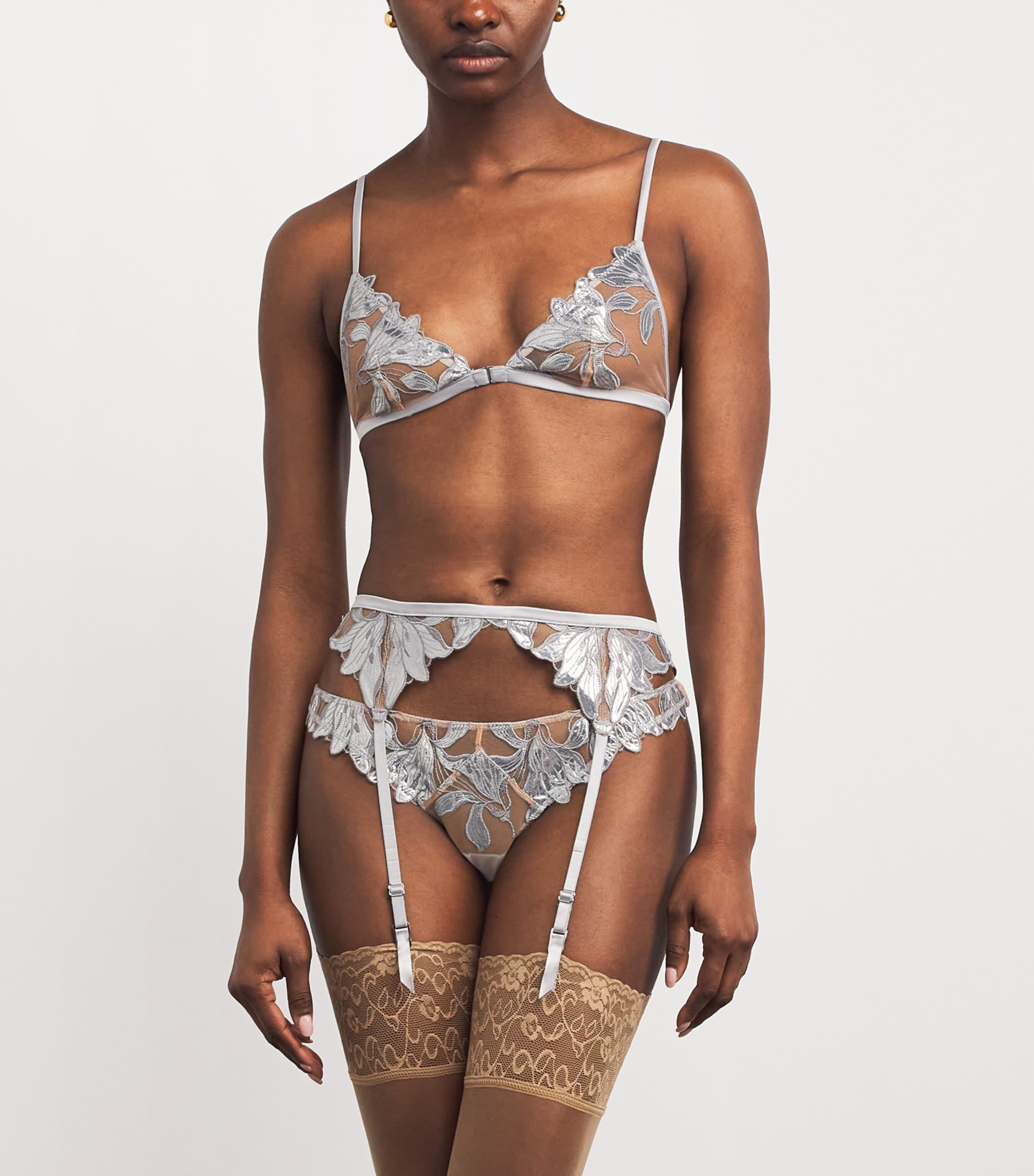 Fleur Du Mal Womens Embroidered Lily Suspender Belt Platinum Image 2