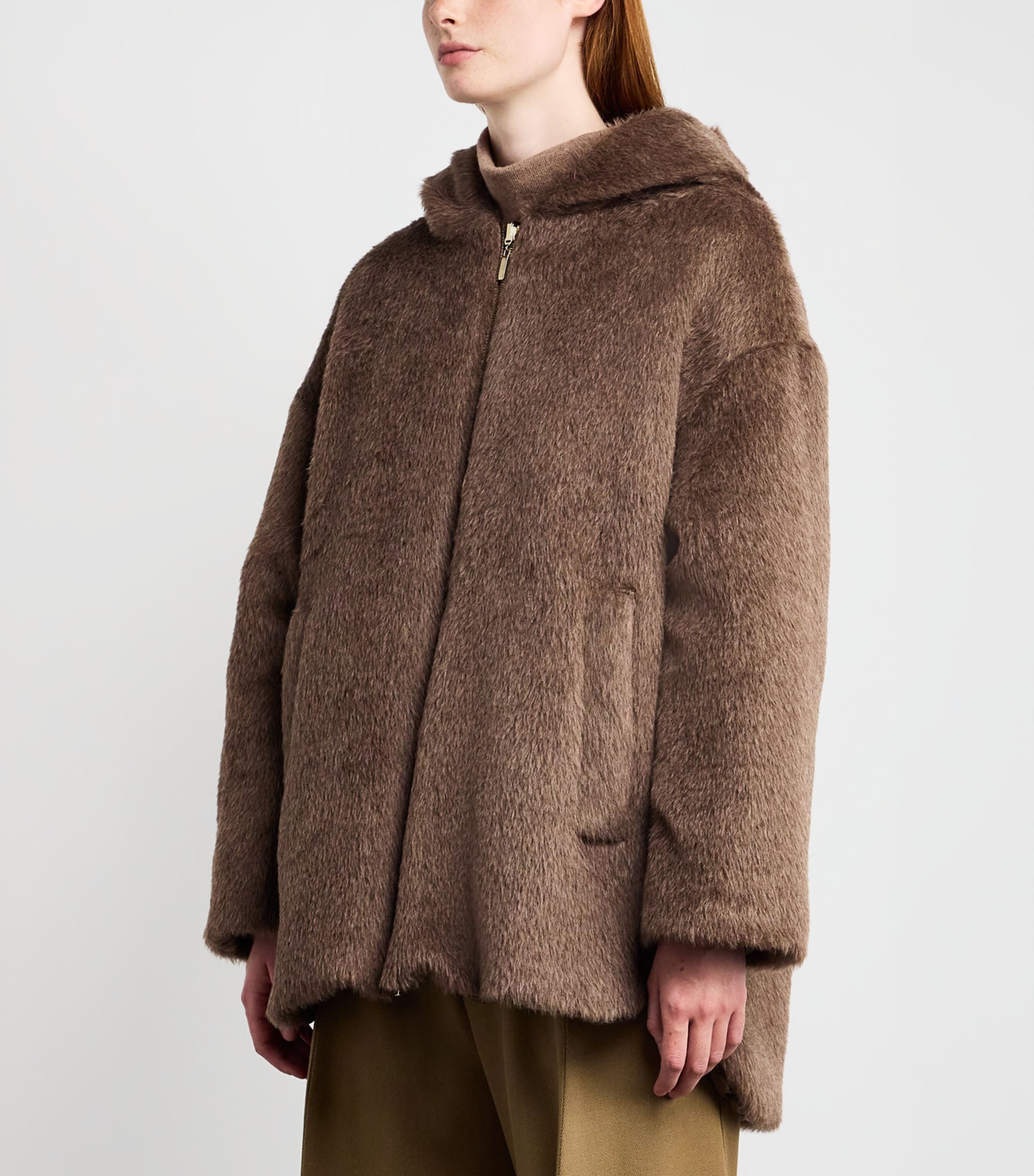 Max Mara Brown Down, Faux Fur and Water-Repellent Reversible