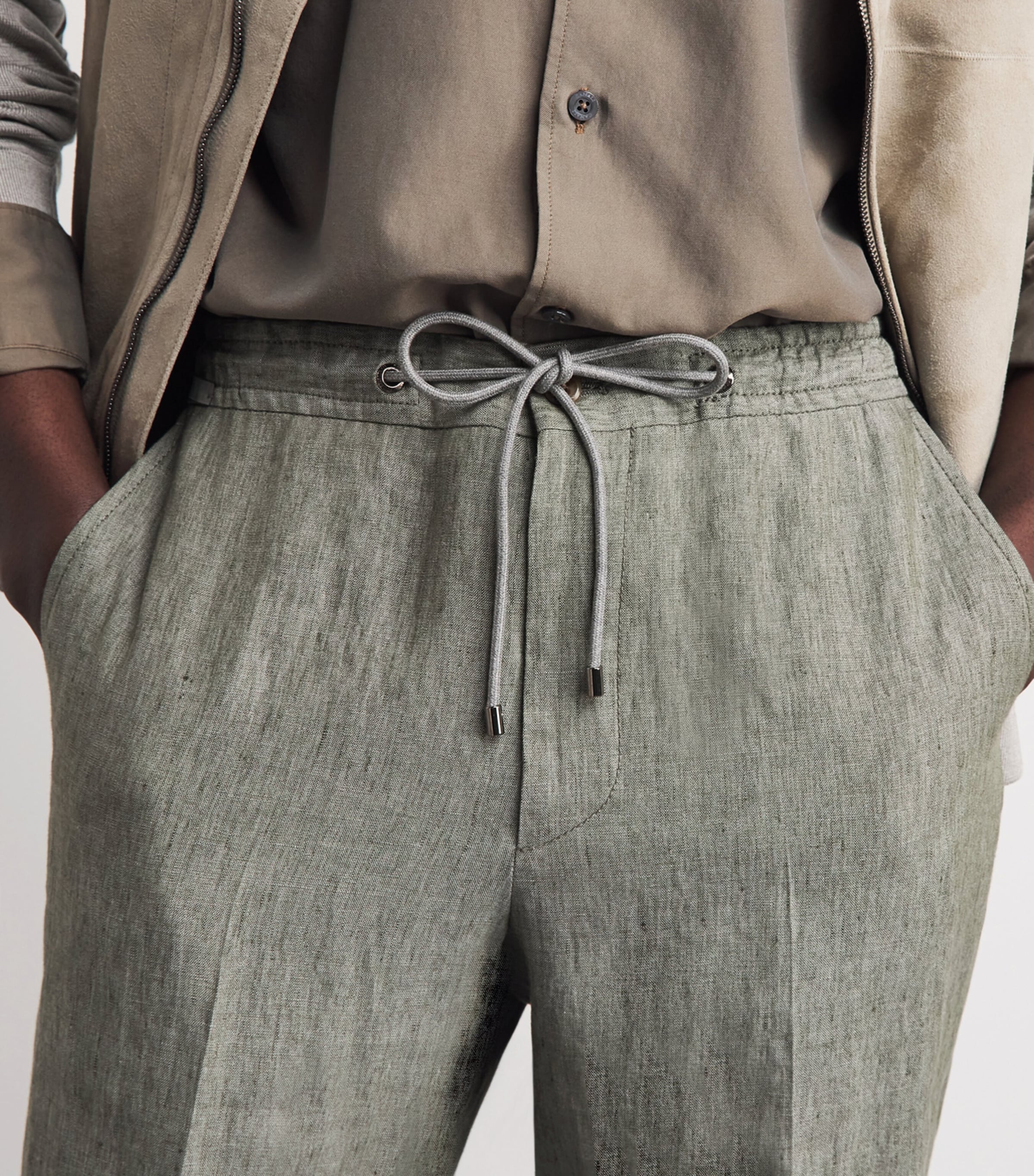 Corneliani Mens Linen Drawstring Trousers Green Coloured Image 3