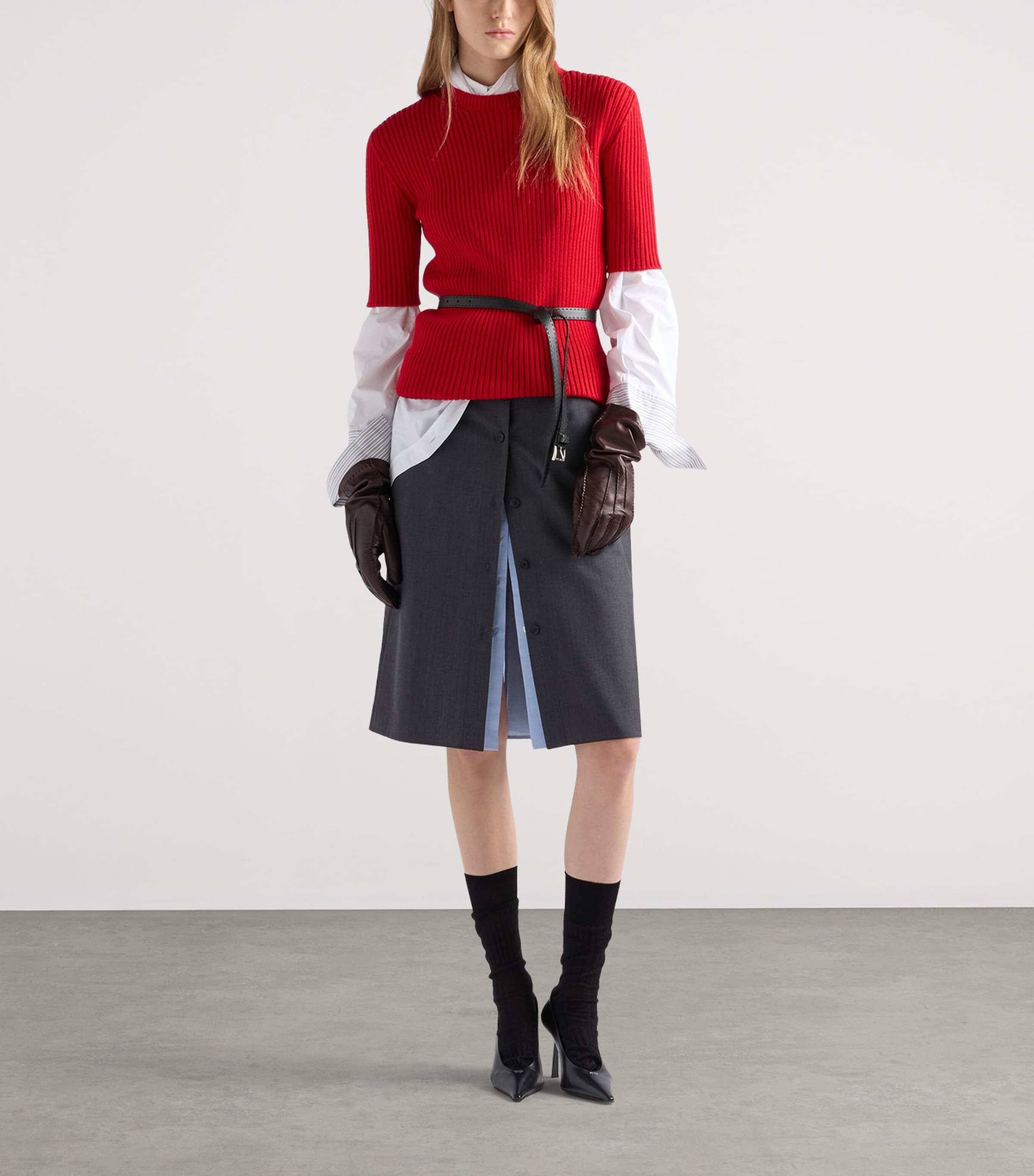 Prada Womens Wool Ribbed Short-Sleeve Sweater Red Image 2
