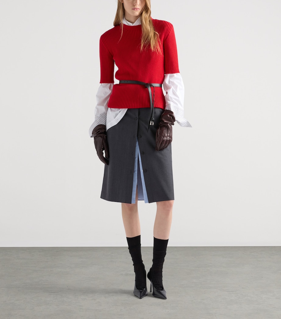 Prada Womens Wool Ribbed Short-Sleeve Sweater Red Image 2