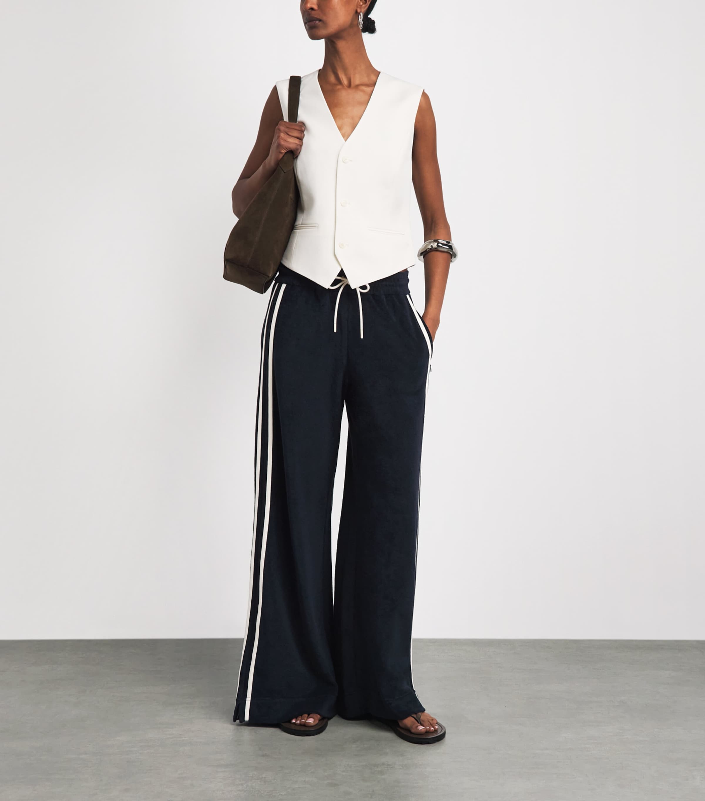 ME+EM Womens Towelling Stripe Sweatpants Navy/cream Image 2