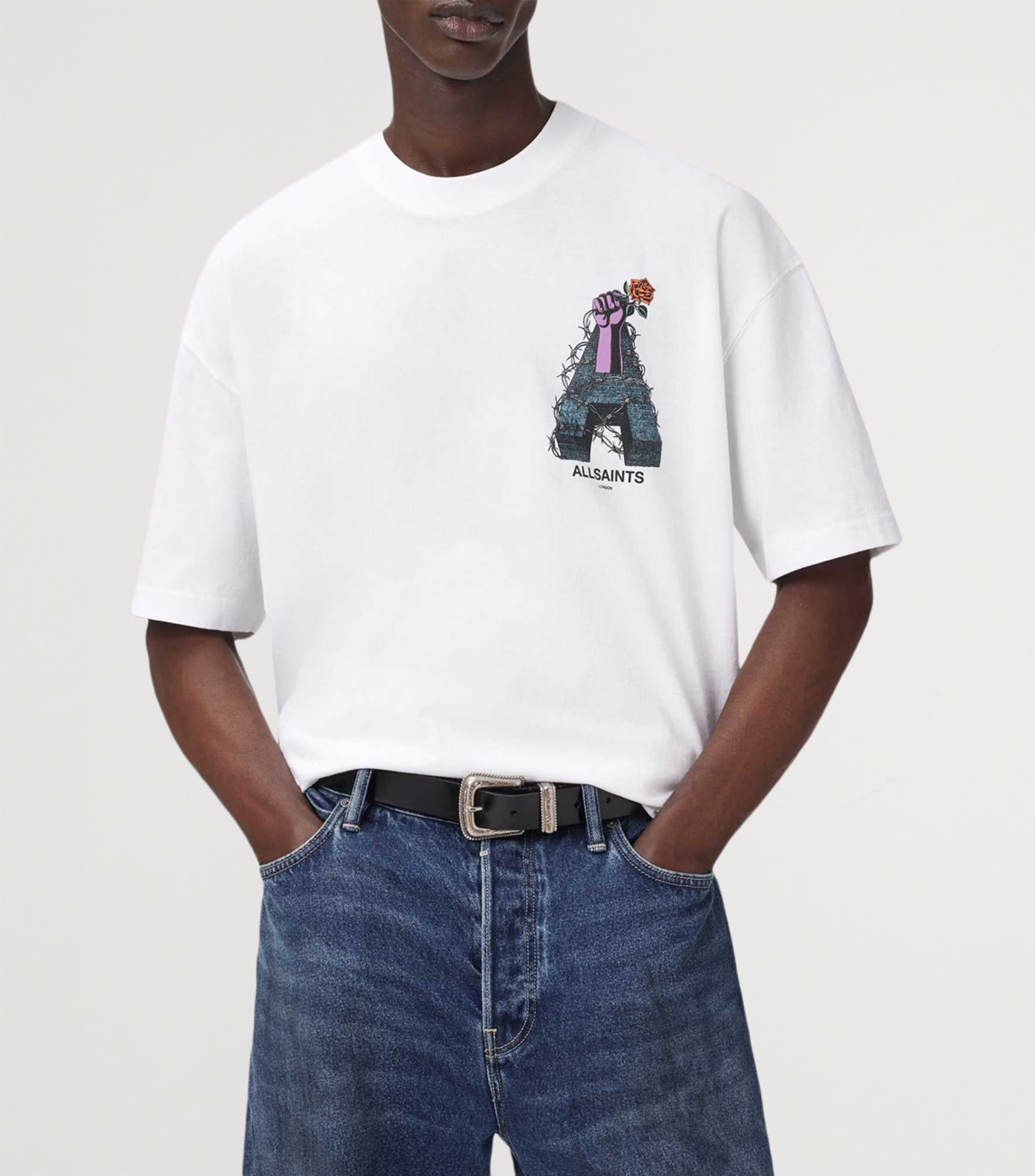 AllSaints Mens Cotton Defiance Print T-Shirt Optic White Image 7