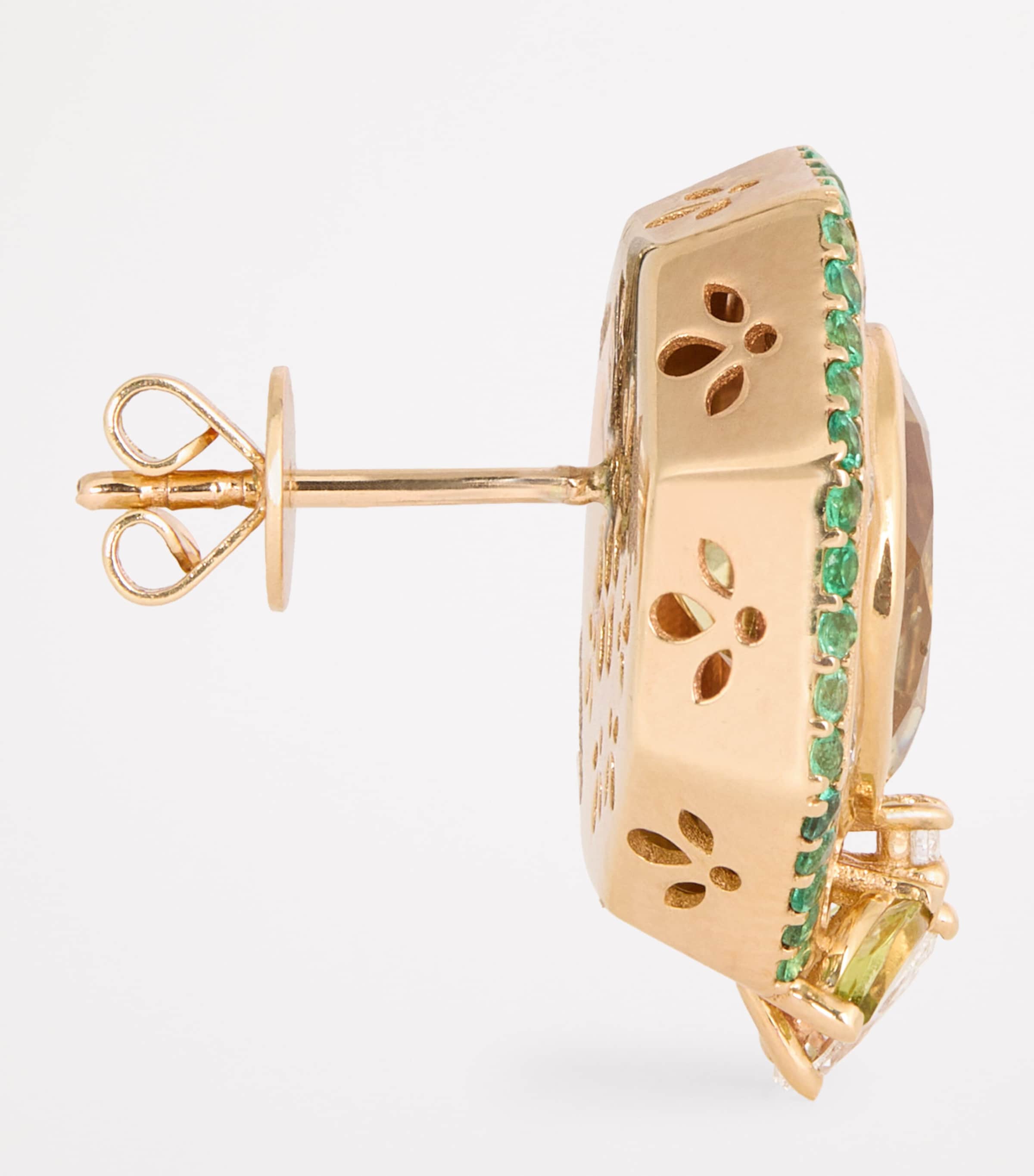 Yellow Gold, Diamond, Emerald and Peridot Honeycomb Bee Earrings ROSE GOLD Image 4