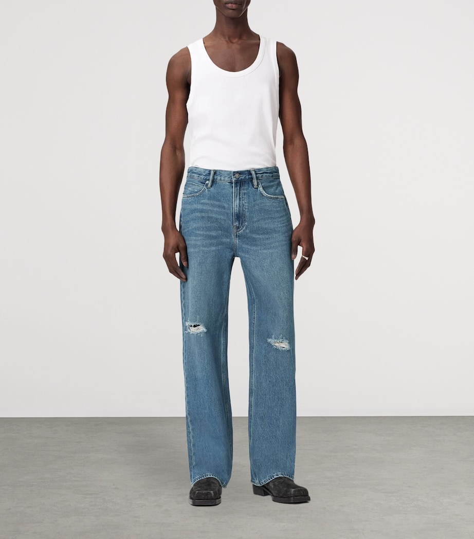AllSaints Mens Distressed Lenny Straight Jeans Destroy Mid Indigo Image 2