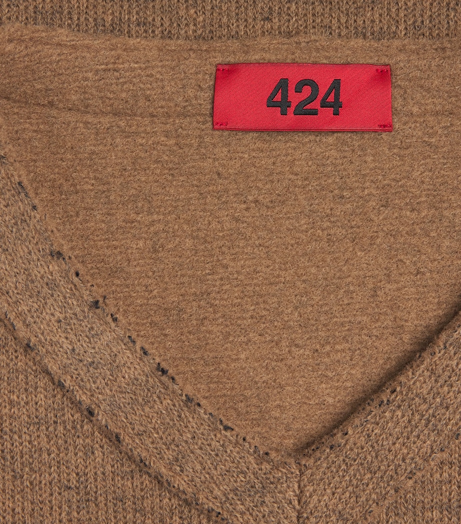 Distressed V-Neck Sweater BROWN Image 5