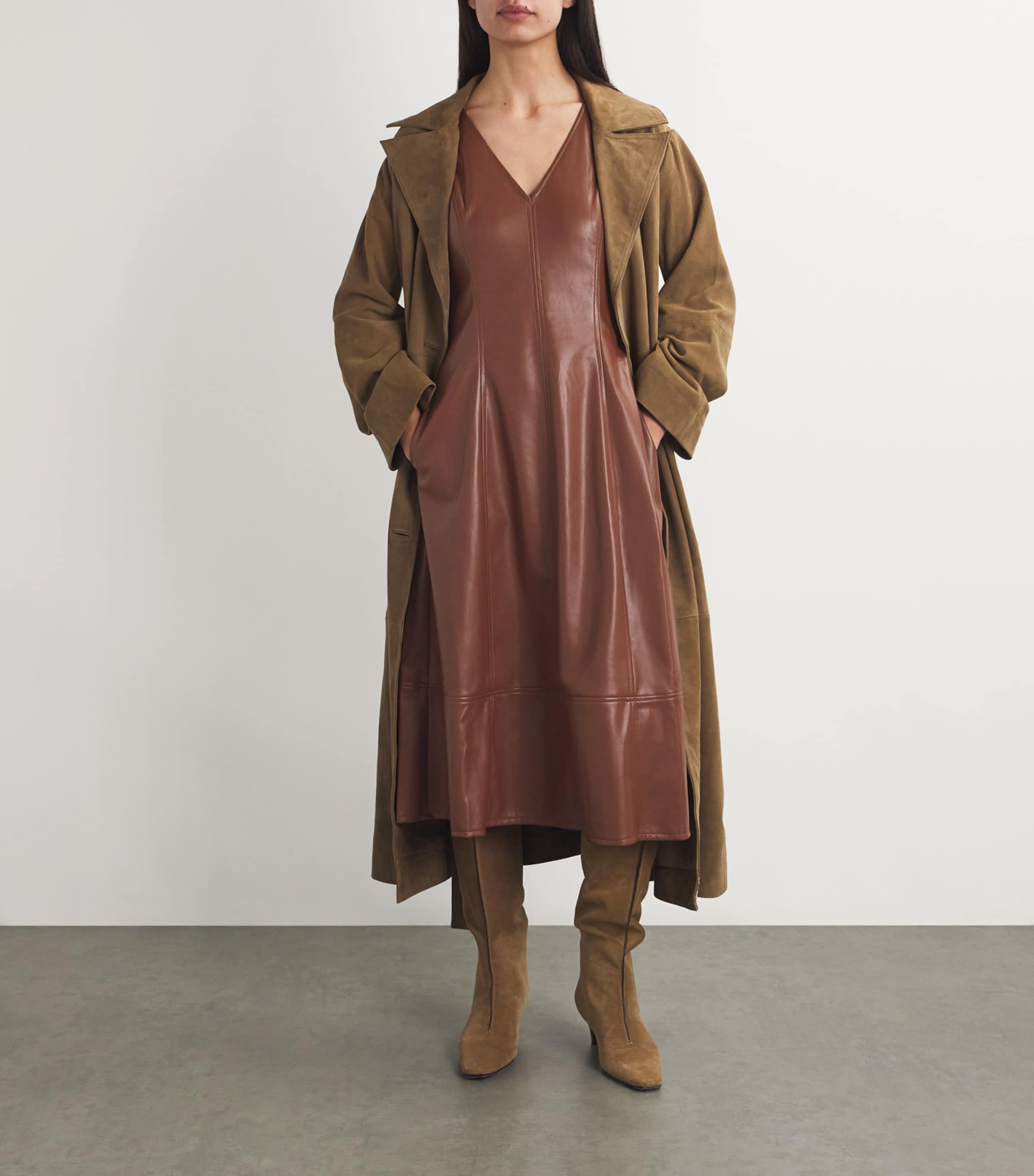 PAIGE Brown Faux Leather Fiorella Midi Dress | Harrods UK