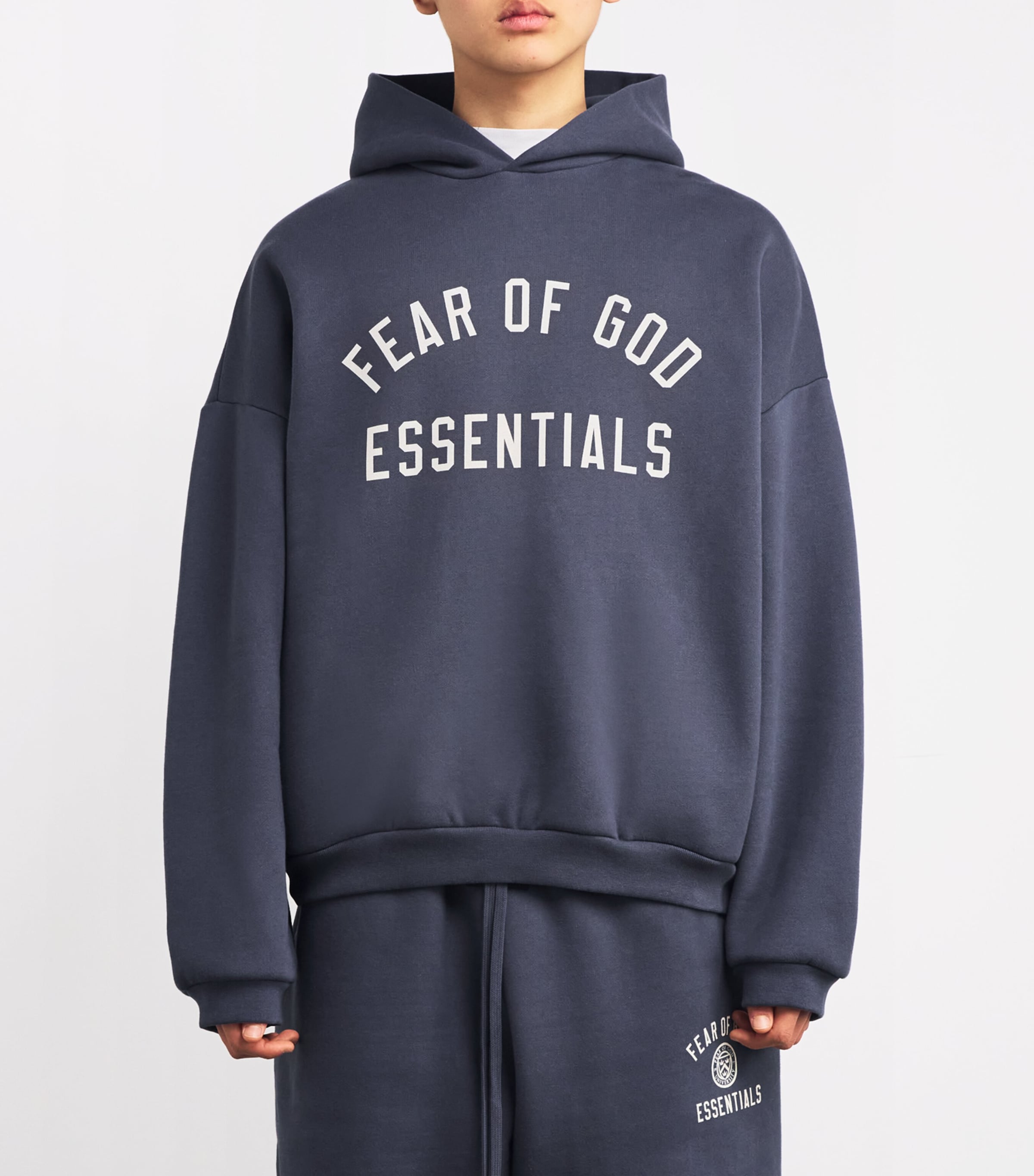FEAR OF GOD ESSENTIALS Mens Cotton-Blend Logo Print Hoodie Marine Image 3