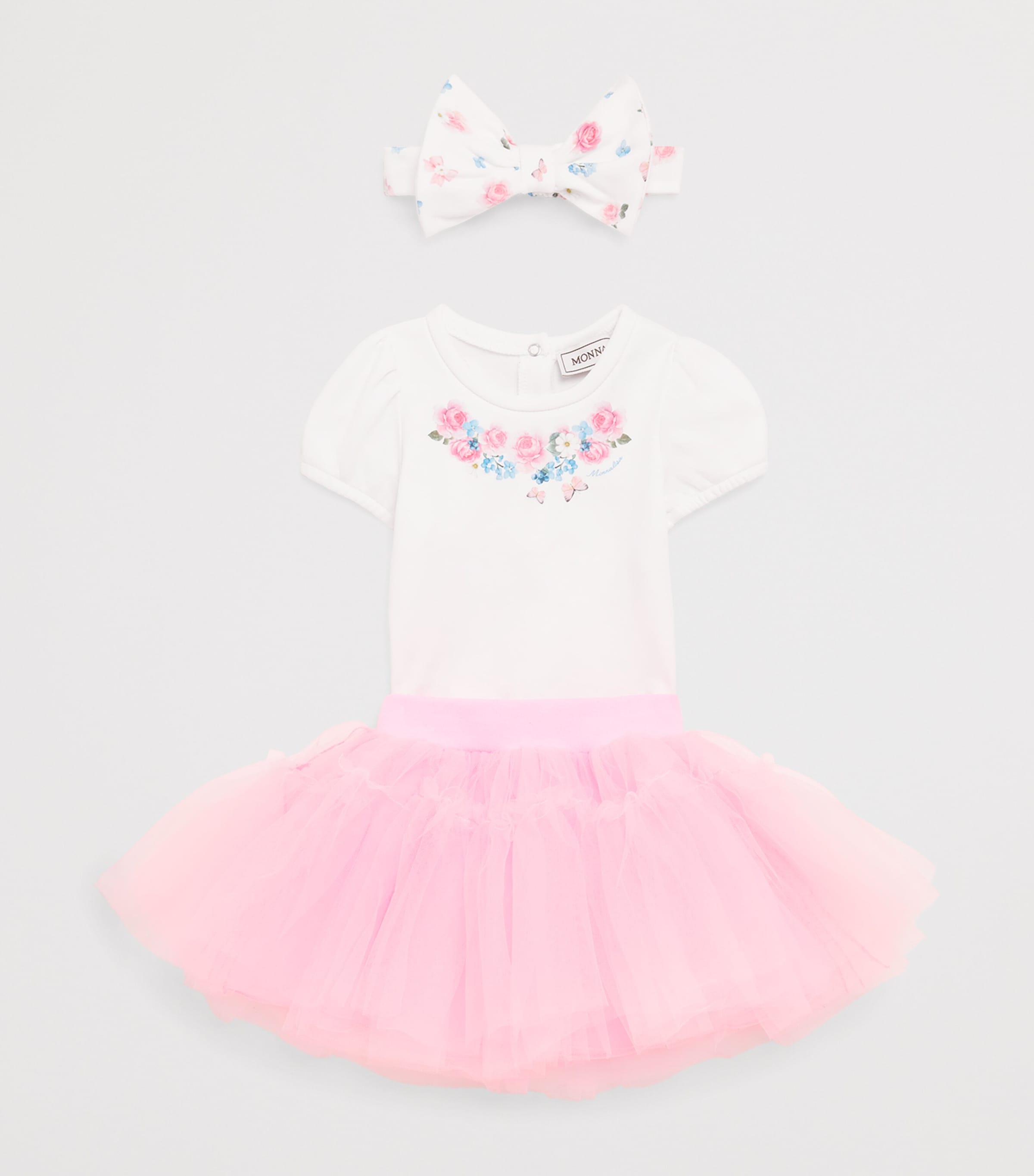 Monnalisa Printed Bodysuit, Skirt and Headband Set (1-9 Months) White+fairytale Pink Image 3