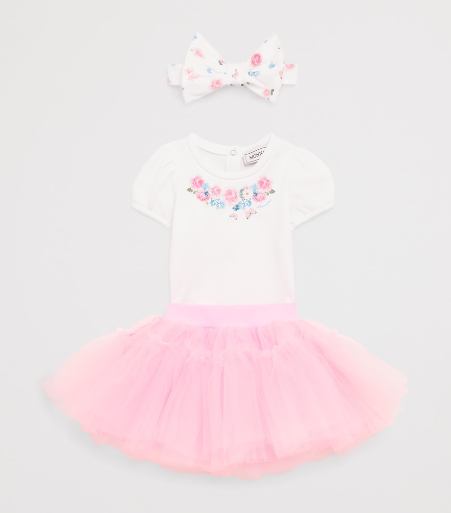 Monnalisa Printed Bodysuit, Skirt and Headband Set (1-9 Months) White+fairytale Pink Image 3
