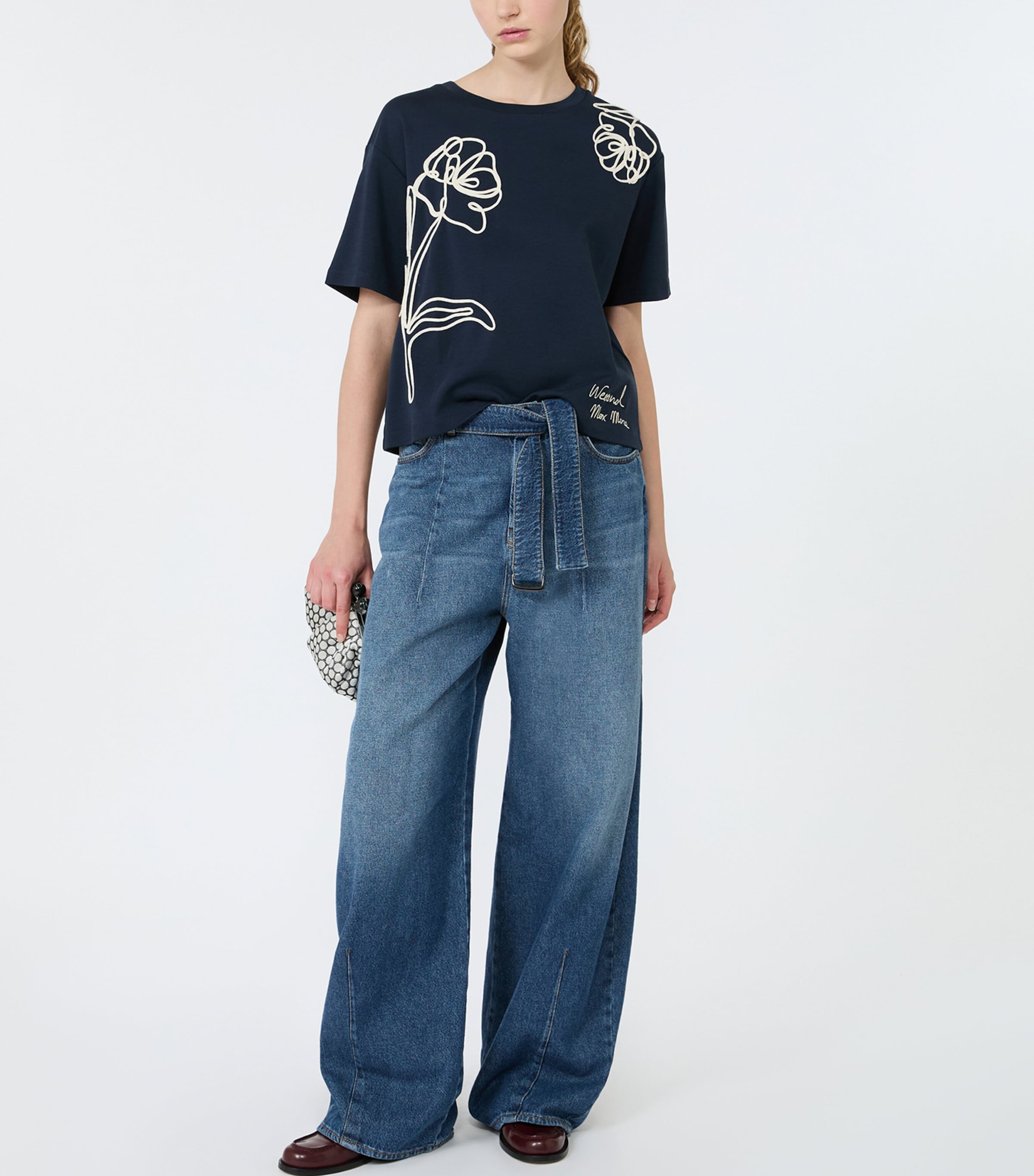Weekend Max Mara Womens Cotton Embroidered Flower T-Shirt Navy Image 2