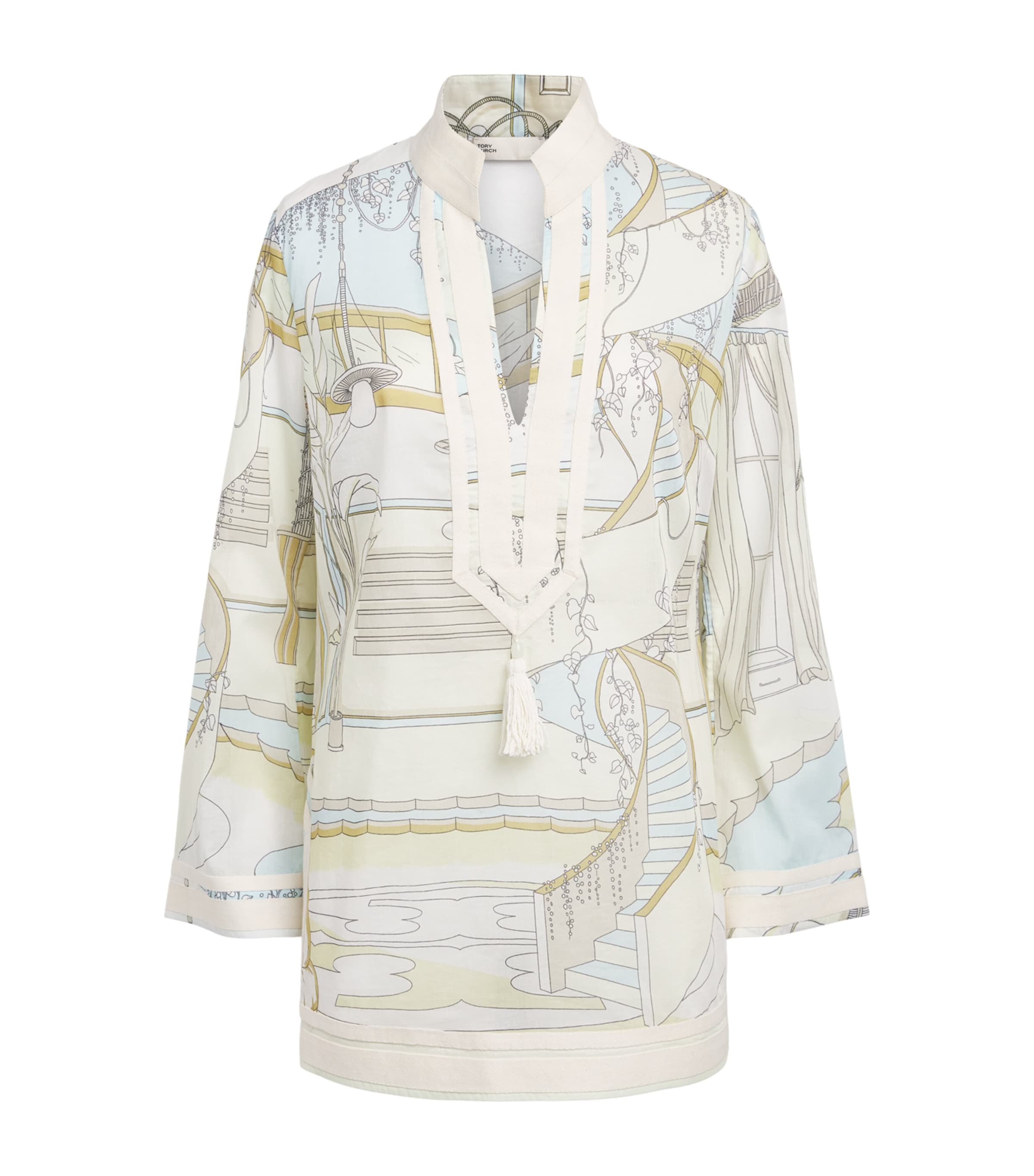 Tory Burch Womens Printed Plunge-Neck Mini Dress The Pool Beige Image 1