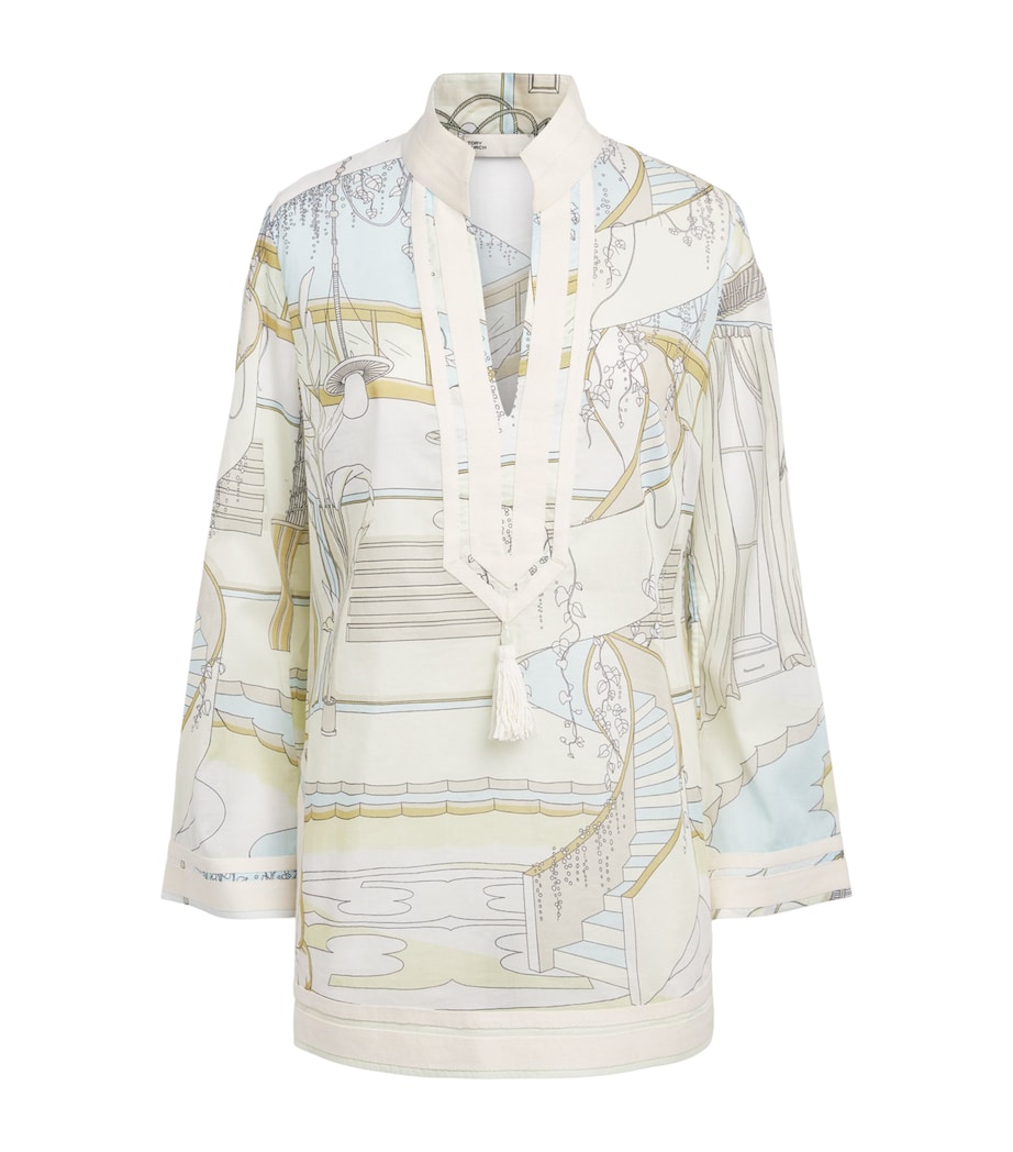 Tory Burch Womens Printed Plunge-Neck Mini Dress The Pool Beige Image 1