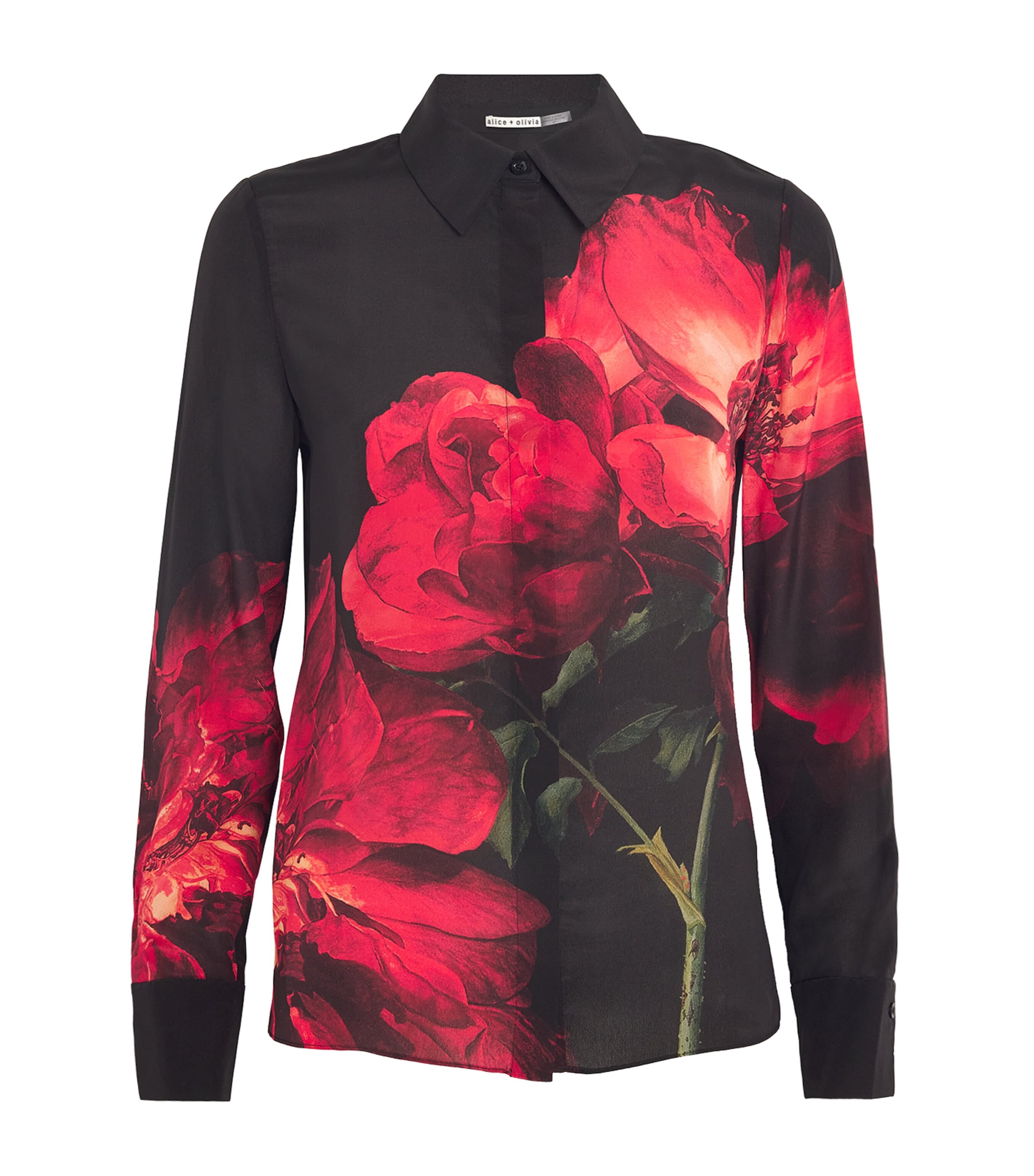 Alice And Olivia Silk Floral Brady Shirt In Black