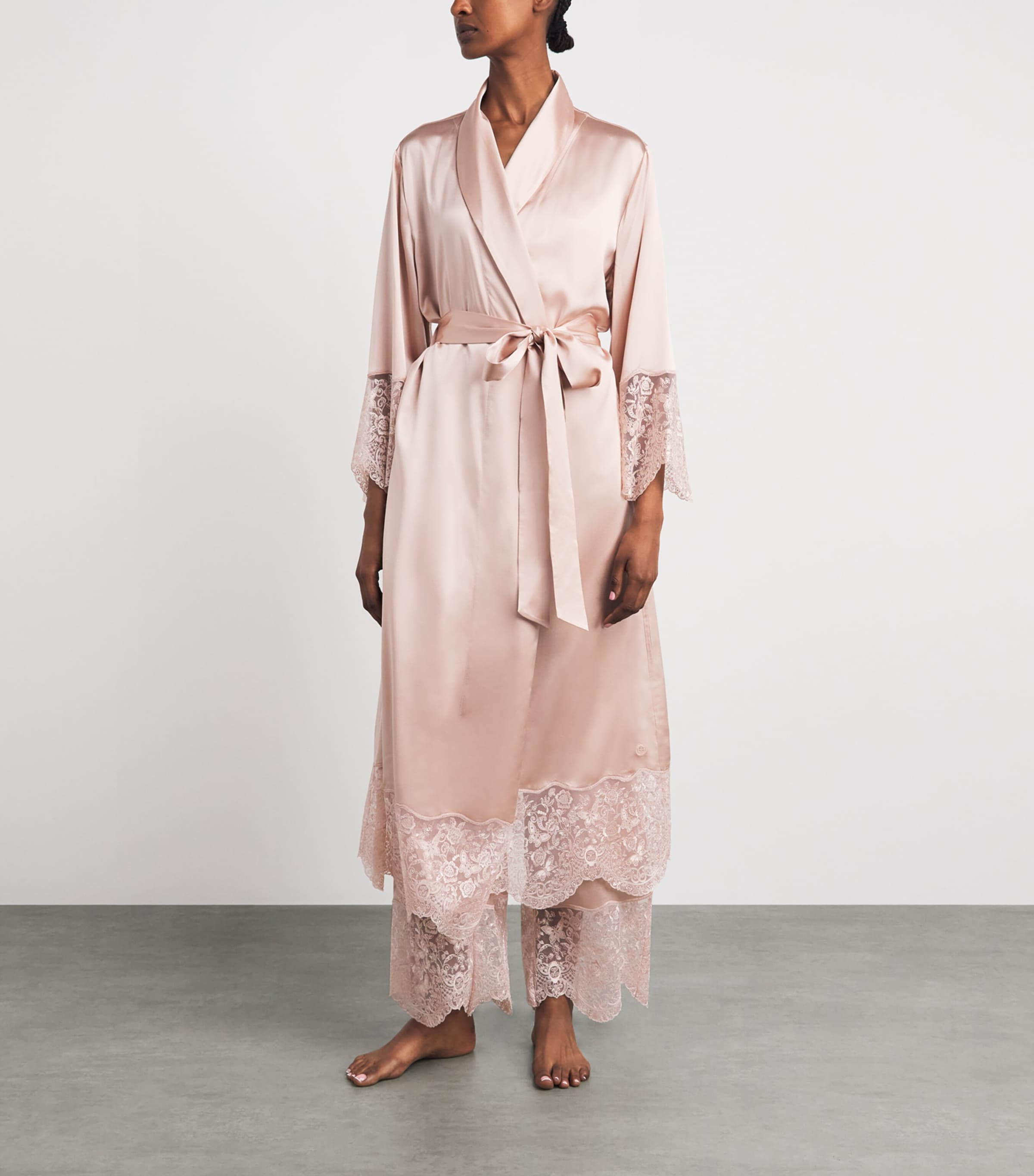 Harrods Womens Silk Lace-Trim Short Night Robe Pink Image 2