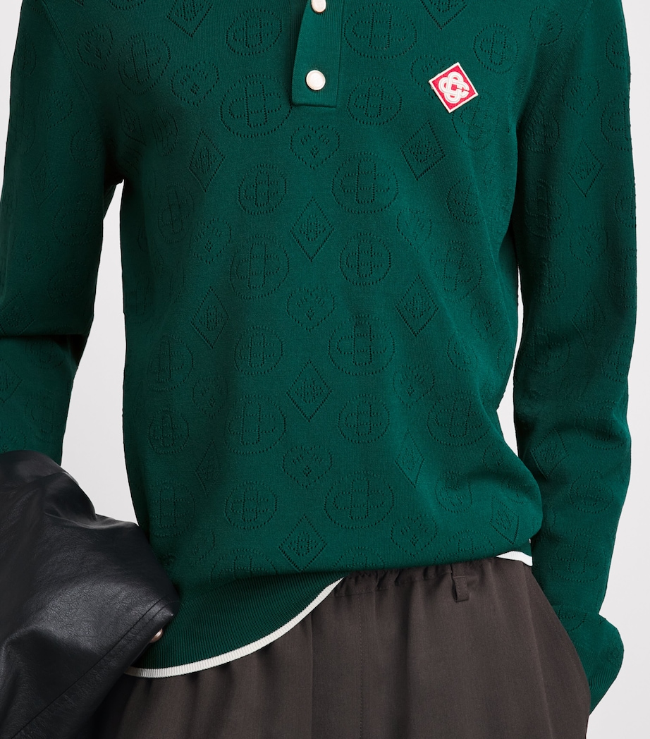 Casablanca Mens Pointelle-Knit Polo Shirt Green Image 3