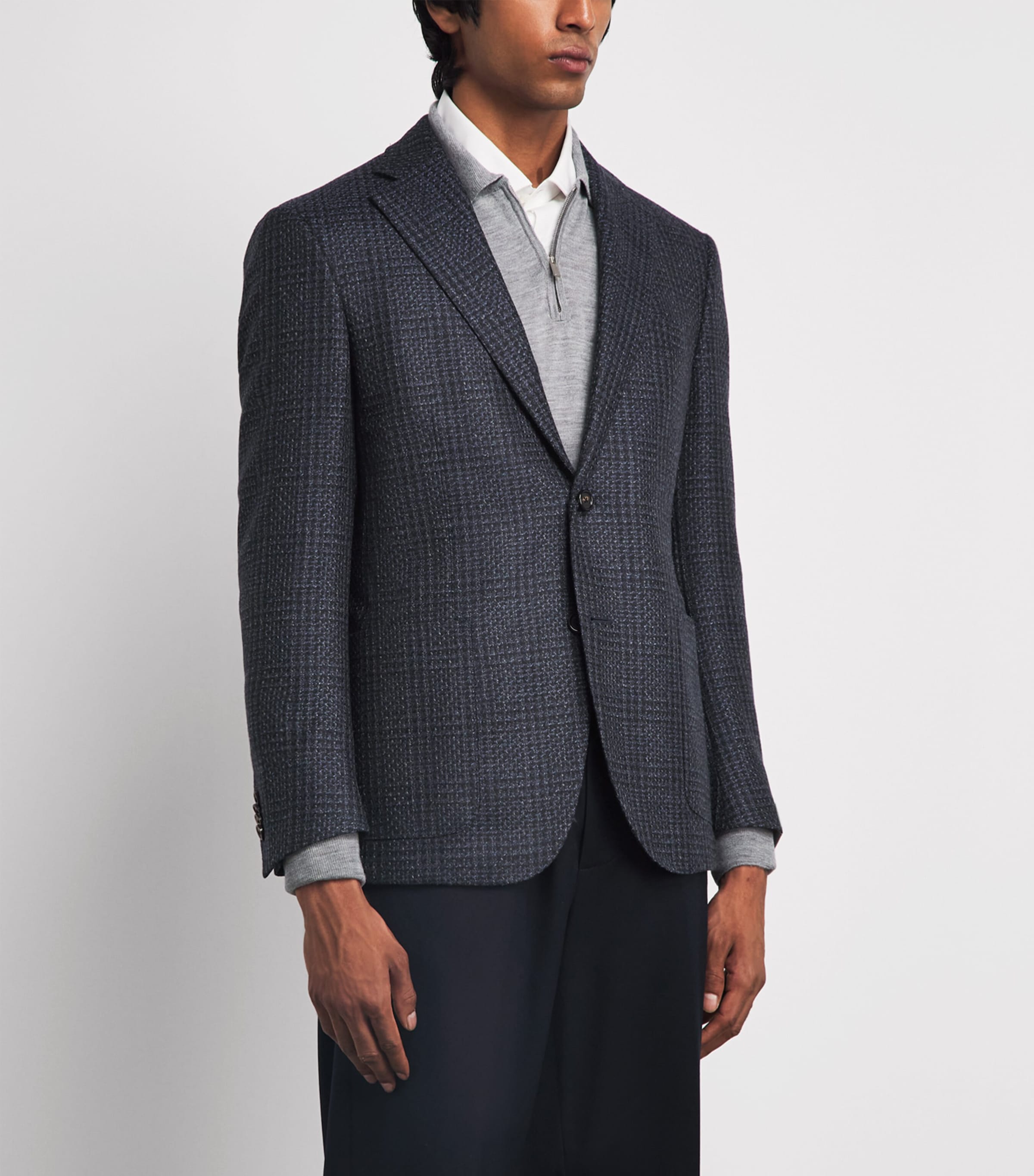 Corneliani Mens Wool Mouliné Check Blazer Navy Blue Image 4