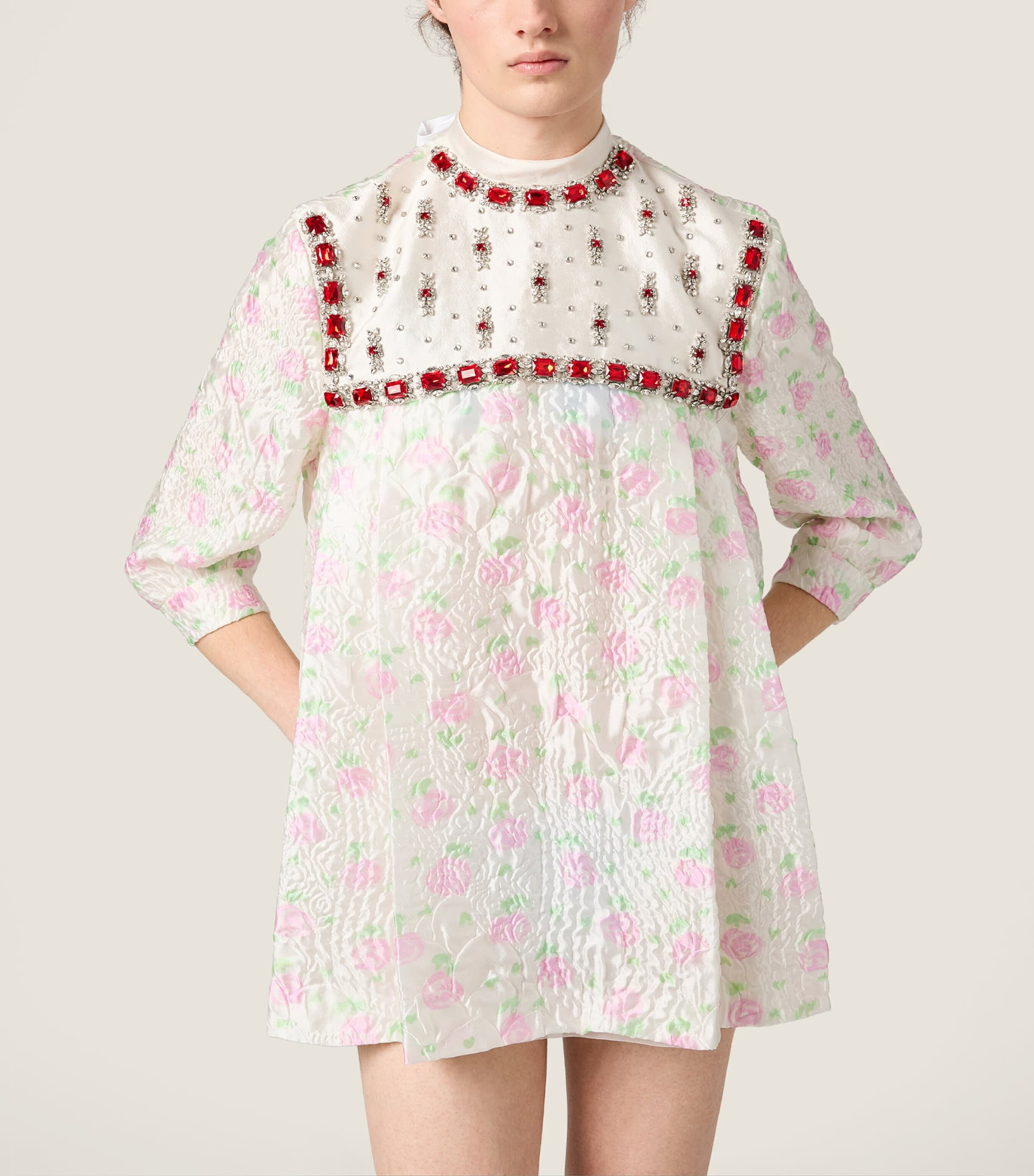 Miu Miu Womens Cloqué Floral Embellished Mini Dress Image 4