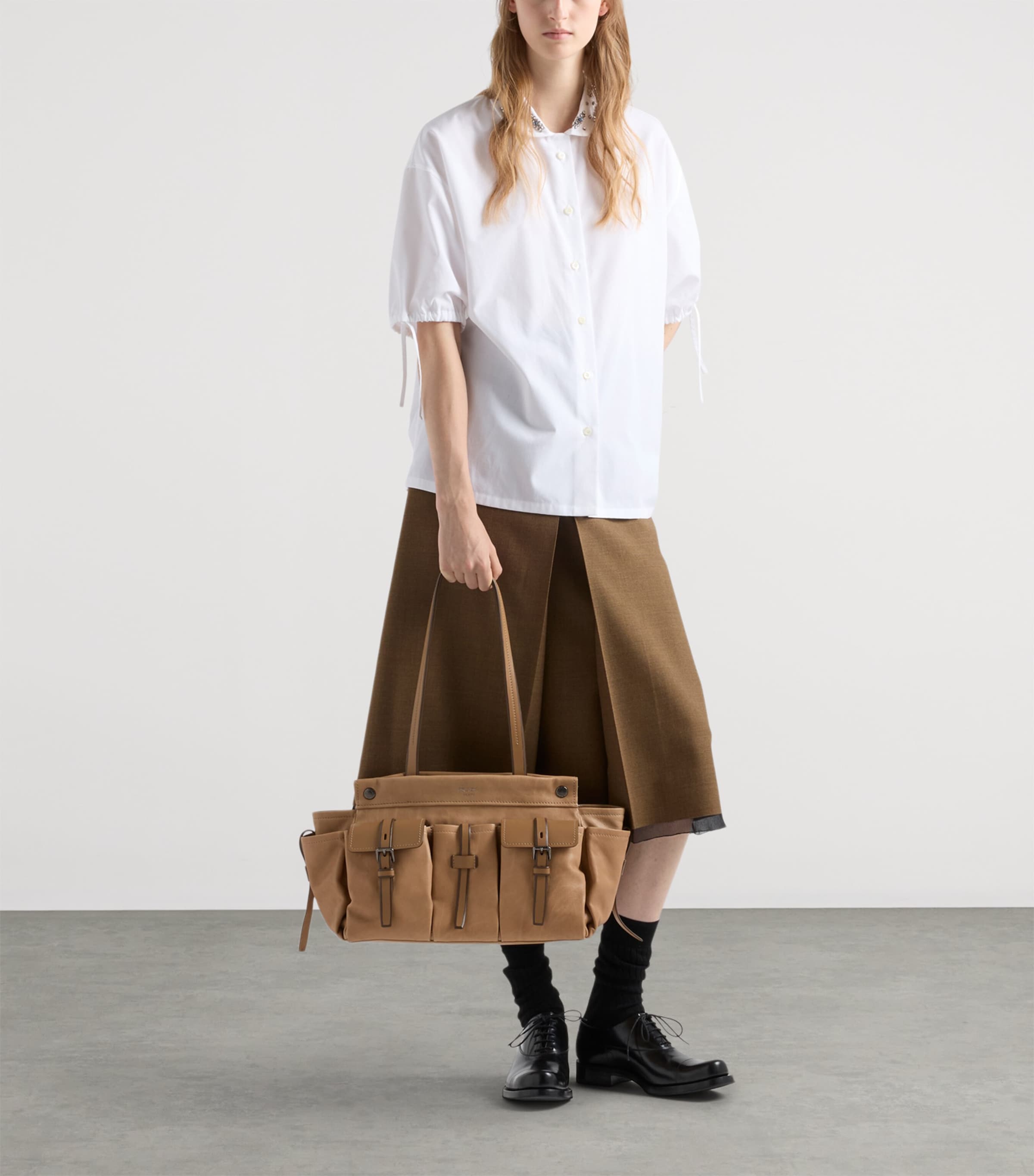 Prada Womens Large Leather Route Tote Bag Neutral Image 2