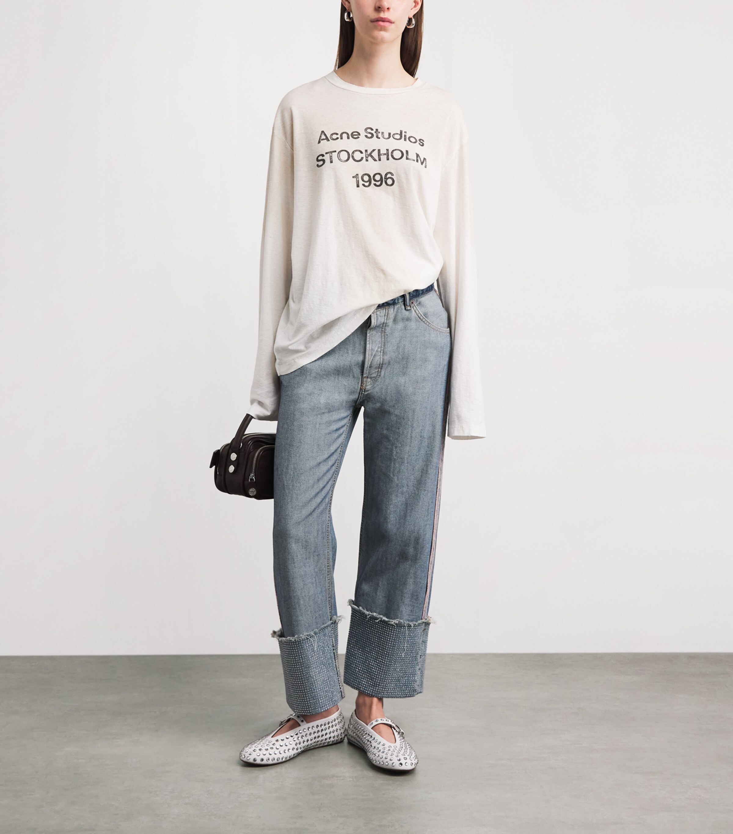 Acne Studios Womens Rhinestone-Detail Mid-Rise Straight Jeans Auz Mid Blue Image 2