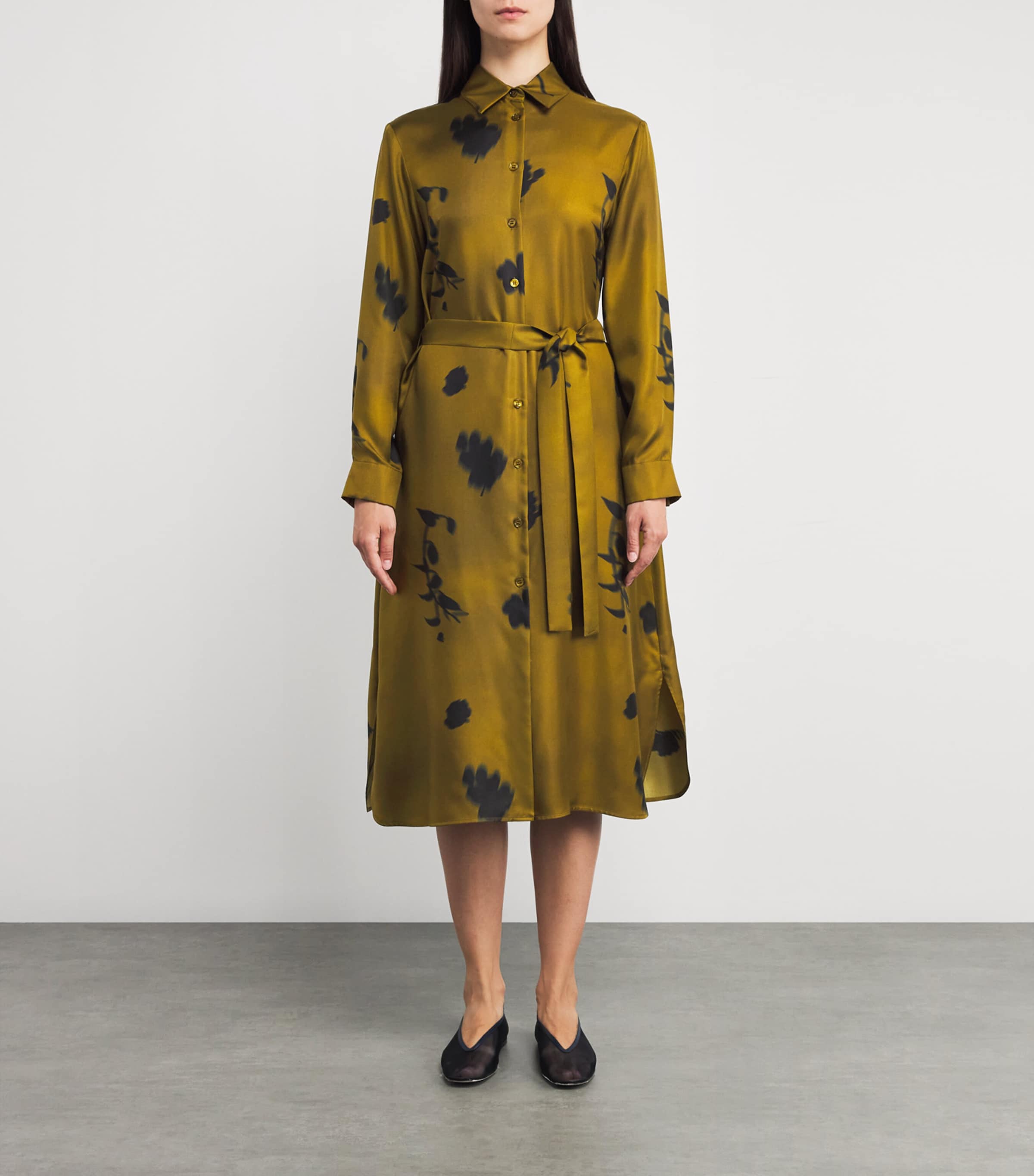 Silk Printed Jadi Midi Shirt Dress 001 OLIVE GREEN Image 3