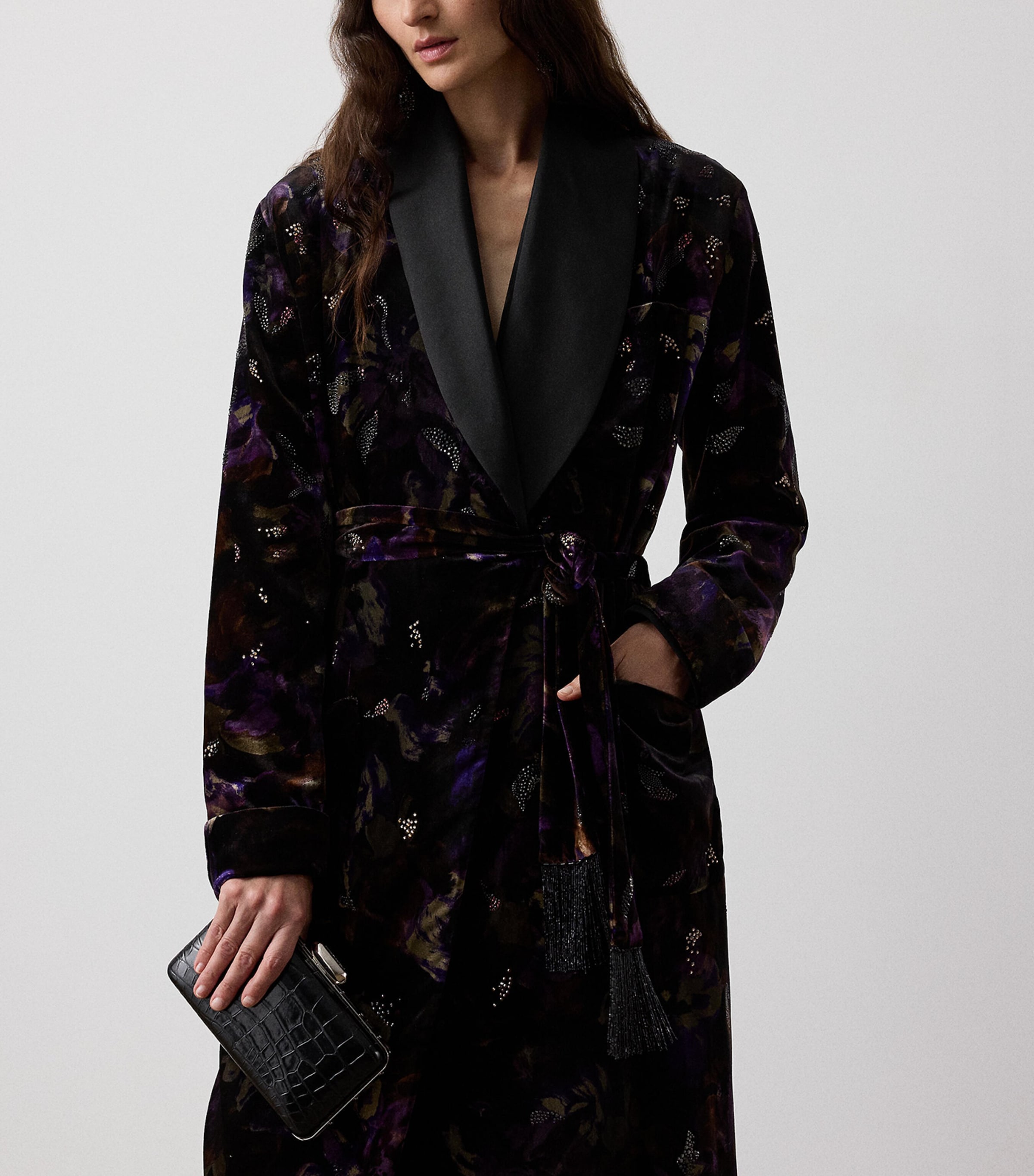 Velvet Embellished Floral Wrap Coat BLACK/AUBERGINE Image 2