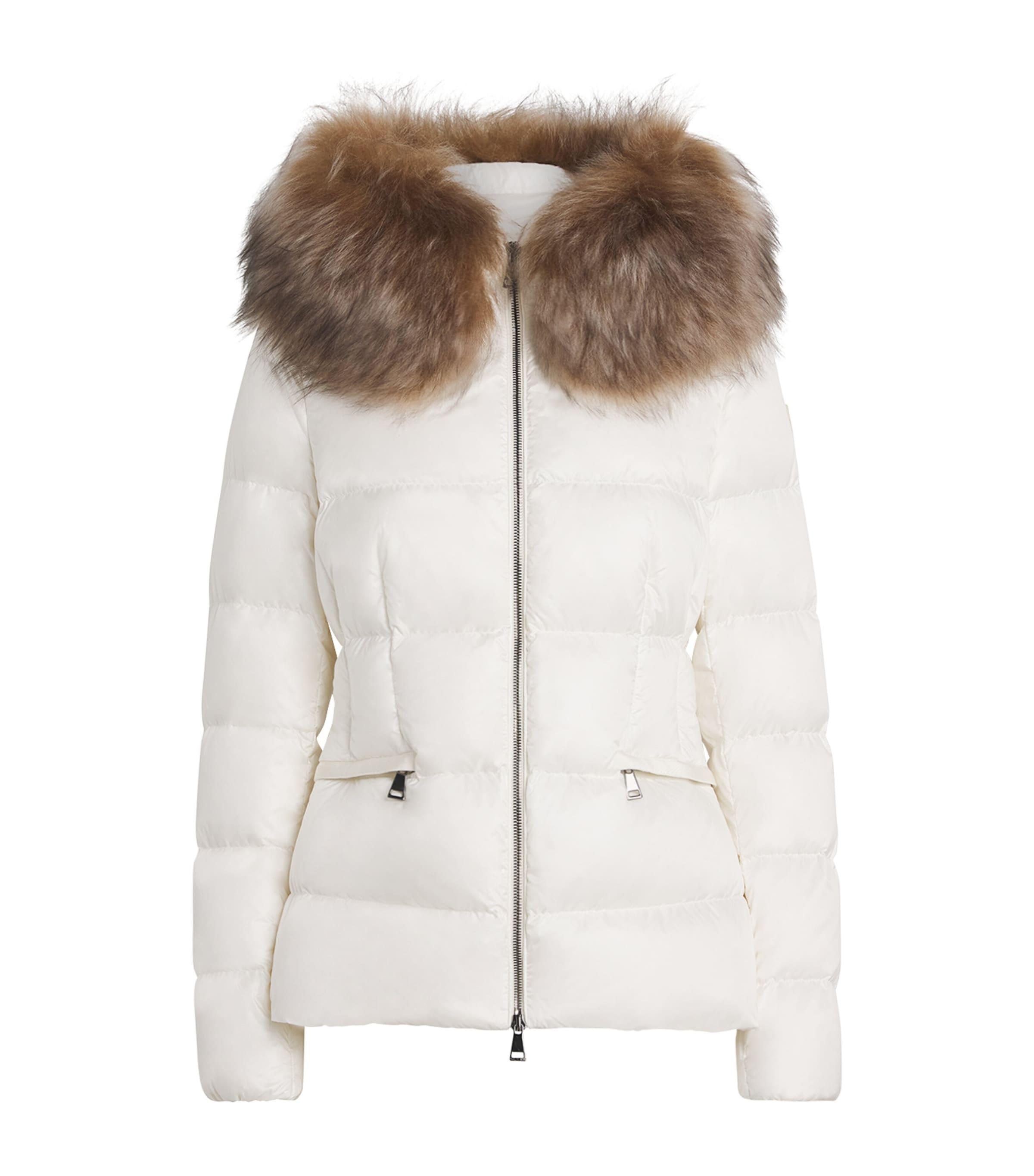 Moncler Boed Belted Down Jacket With Shearling Hood Trim In White