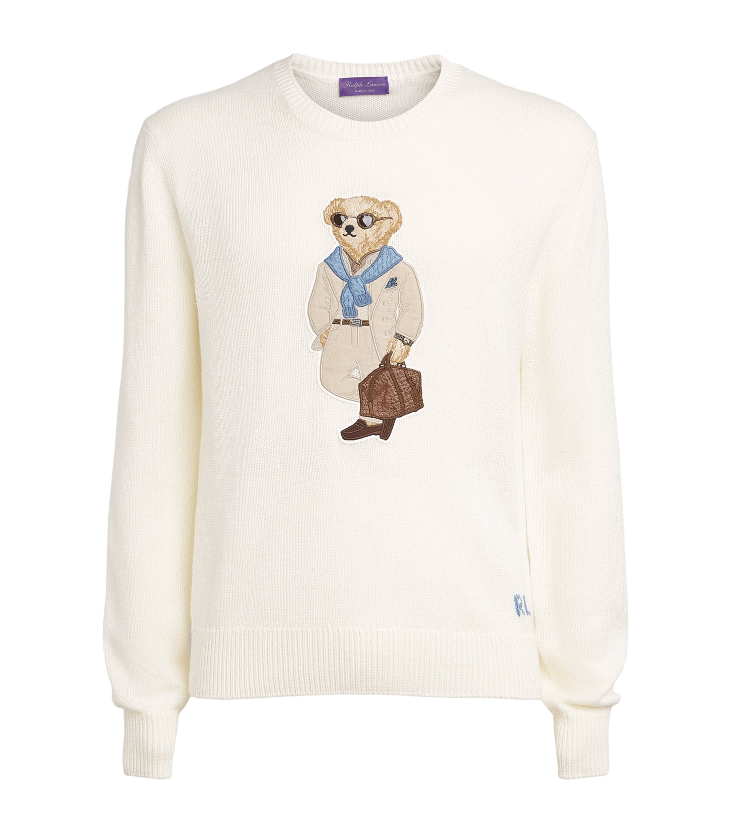 Ralph Lauren Purple Label Ivory Silk-Linen Polo Bear Sweater