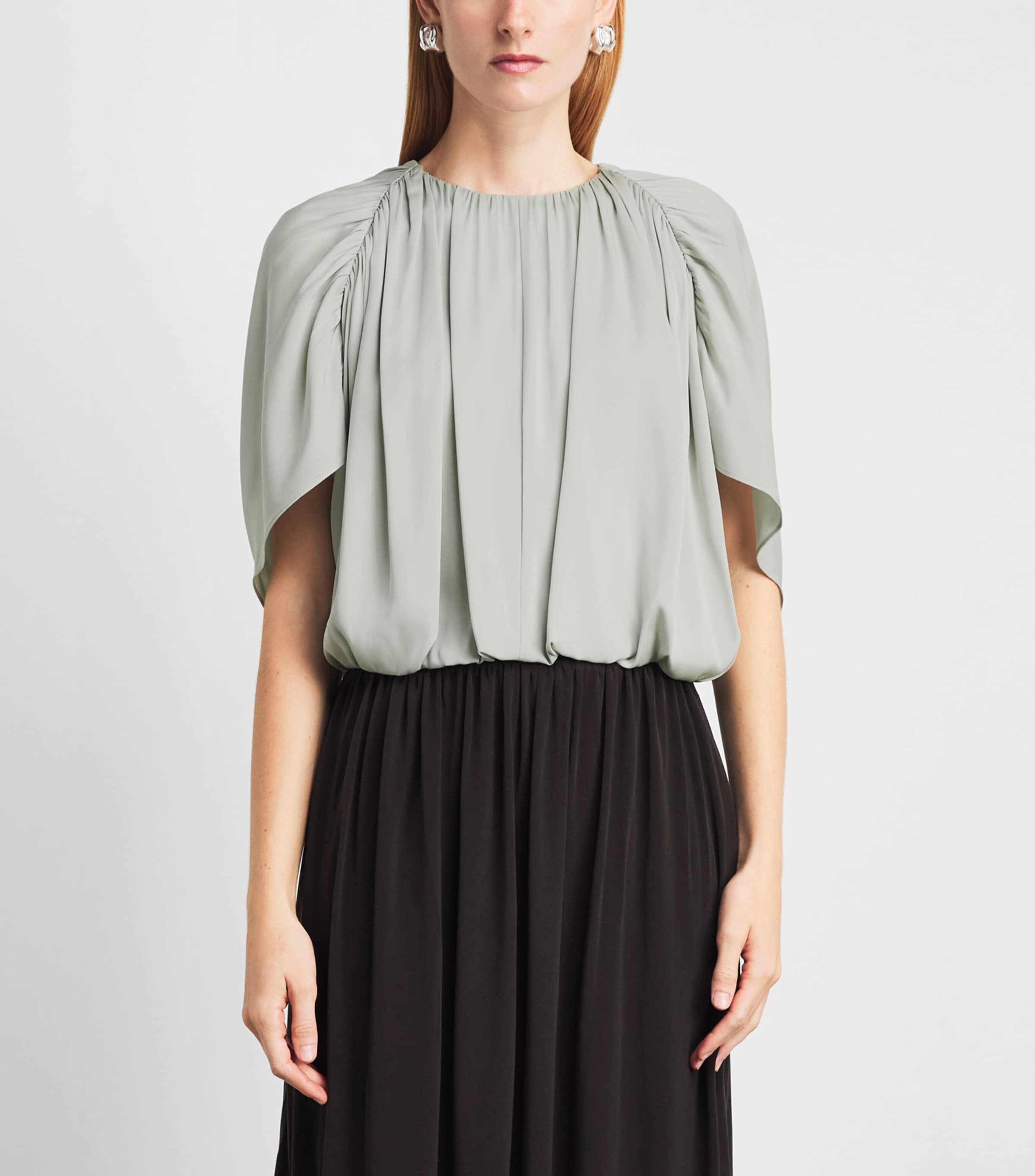 Vince Womens Stretch-Silk Cape-Sleeve Bubble Blouse Stone Sage Image 4