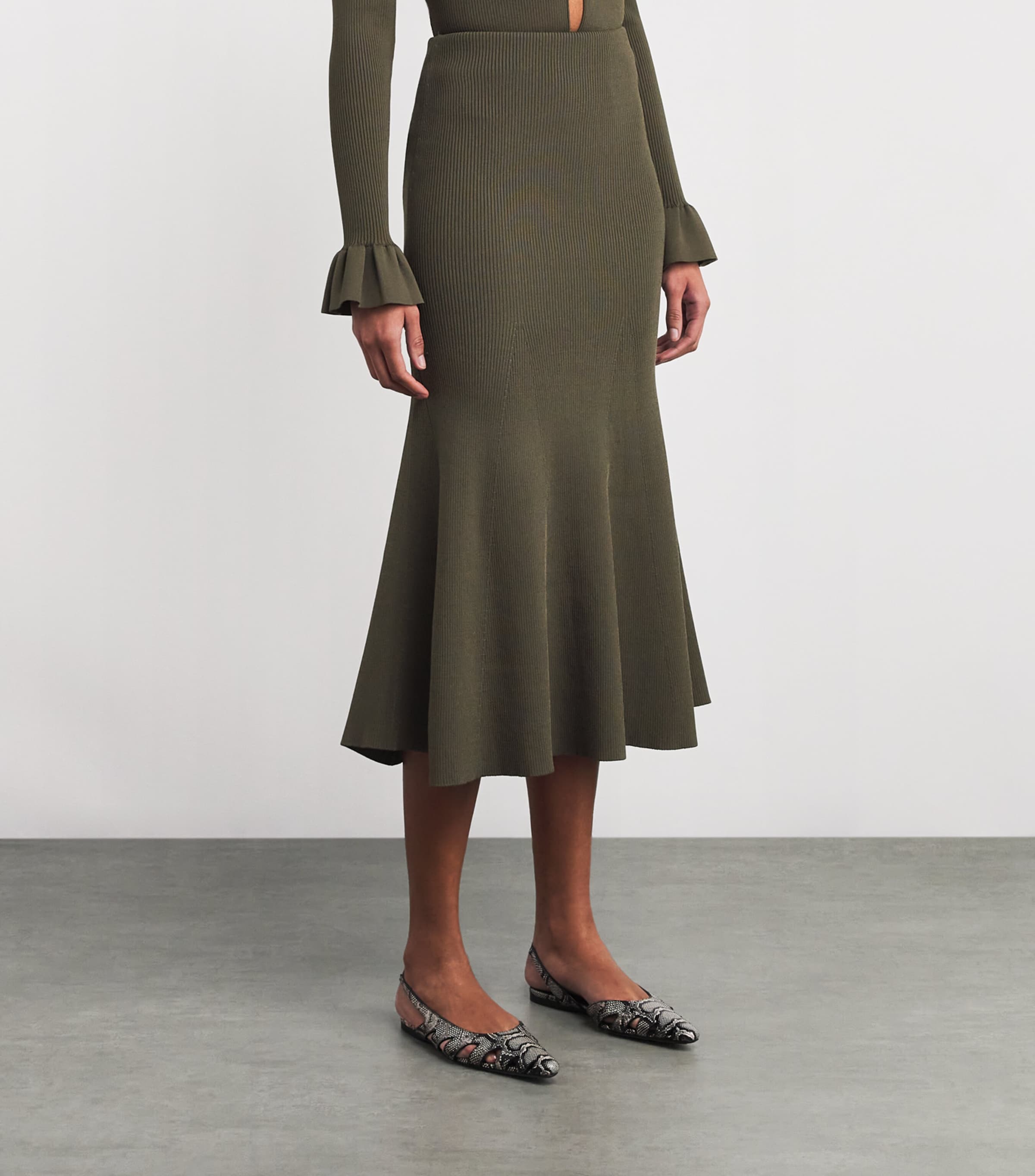 Rib-Knit Midi Skirt GREEN Image 3