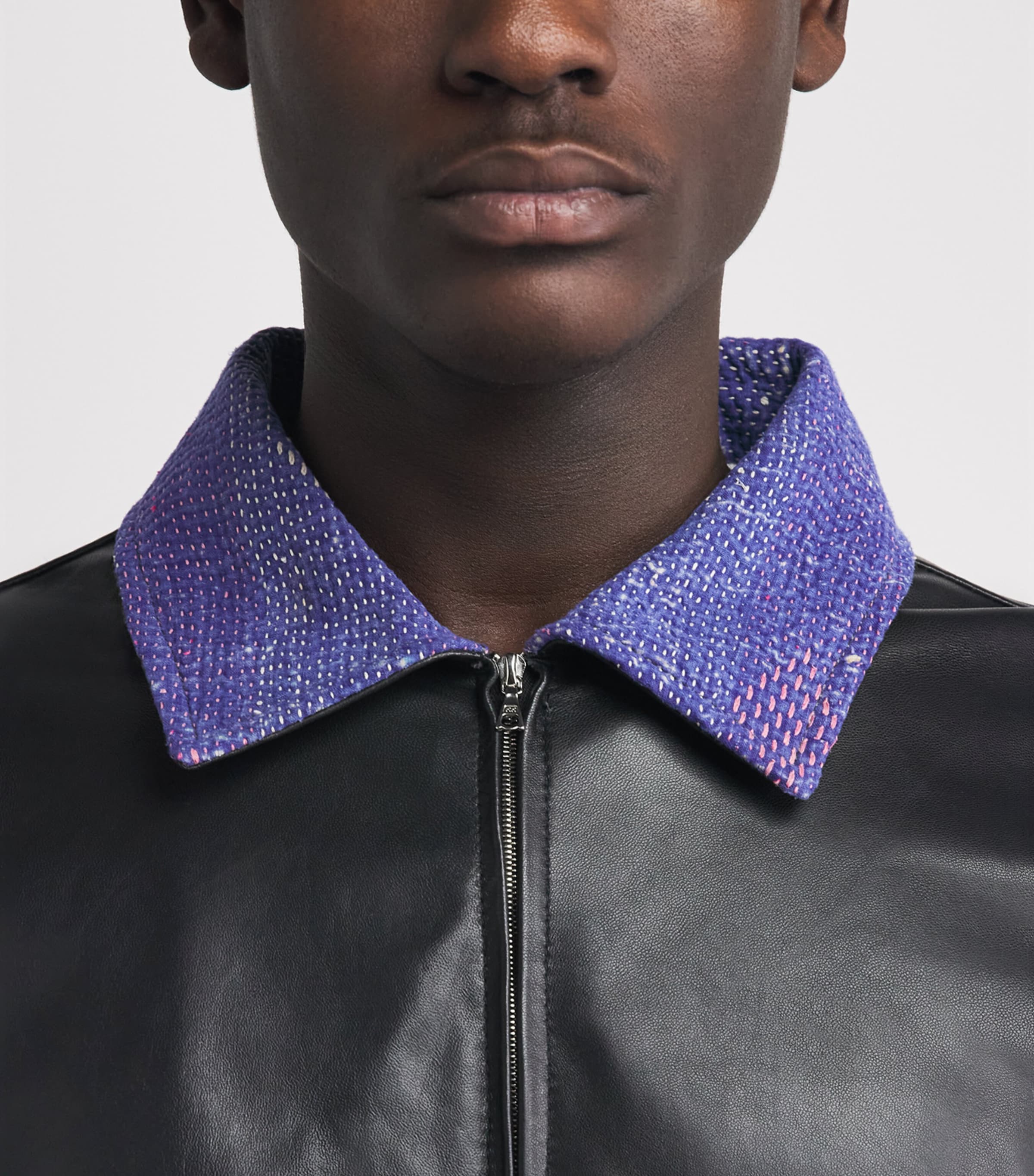 Kartik Research Mens Leather Kantha Bomber Jacket Black/ Purple Image 3