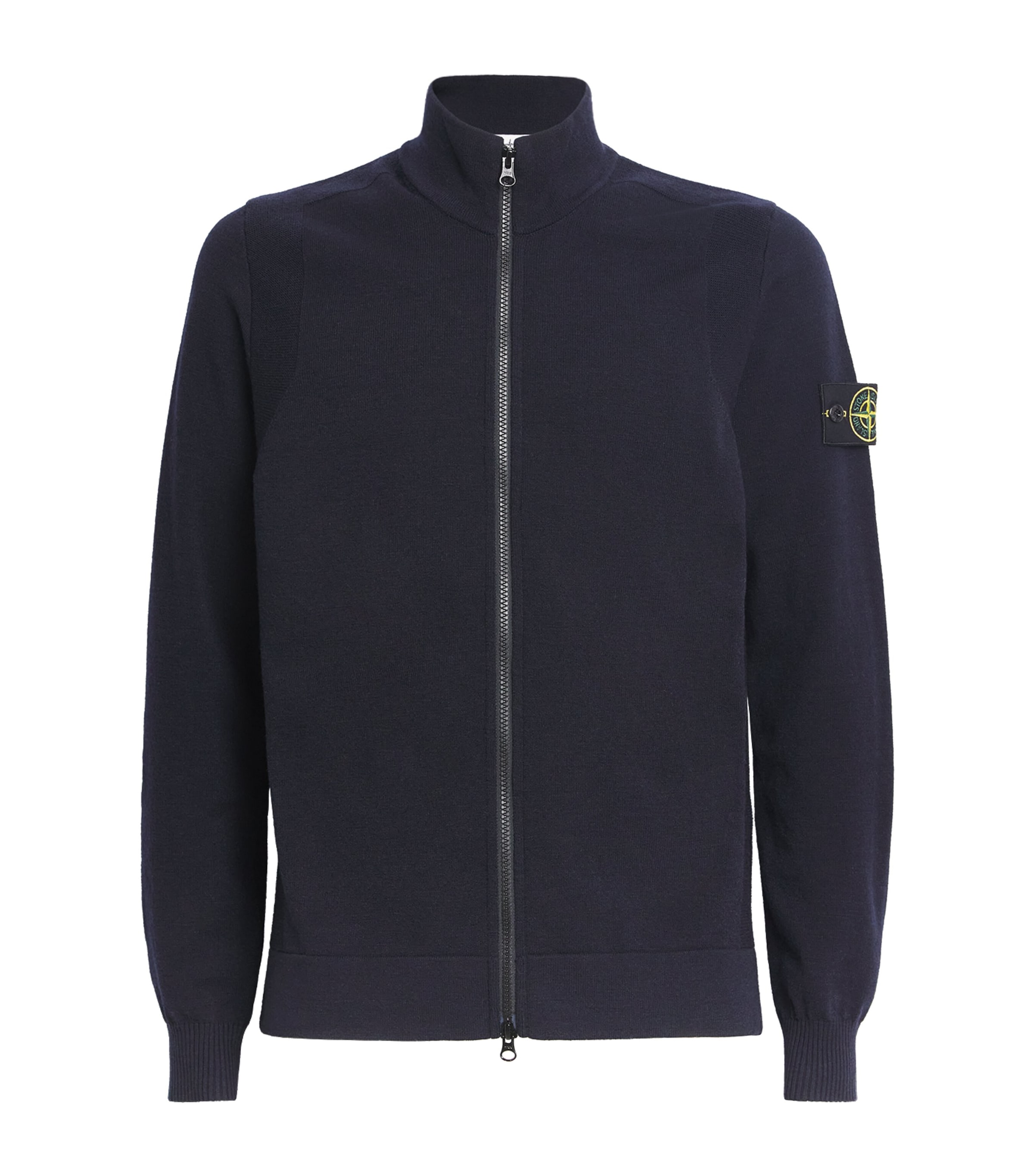 Stone Island Full Zip Knit Sweater With High Collar In Black