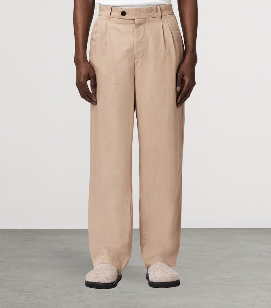 AllSaints Mens Cotton Pleated Roland Trousers Nutmeg Brown Image 3