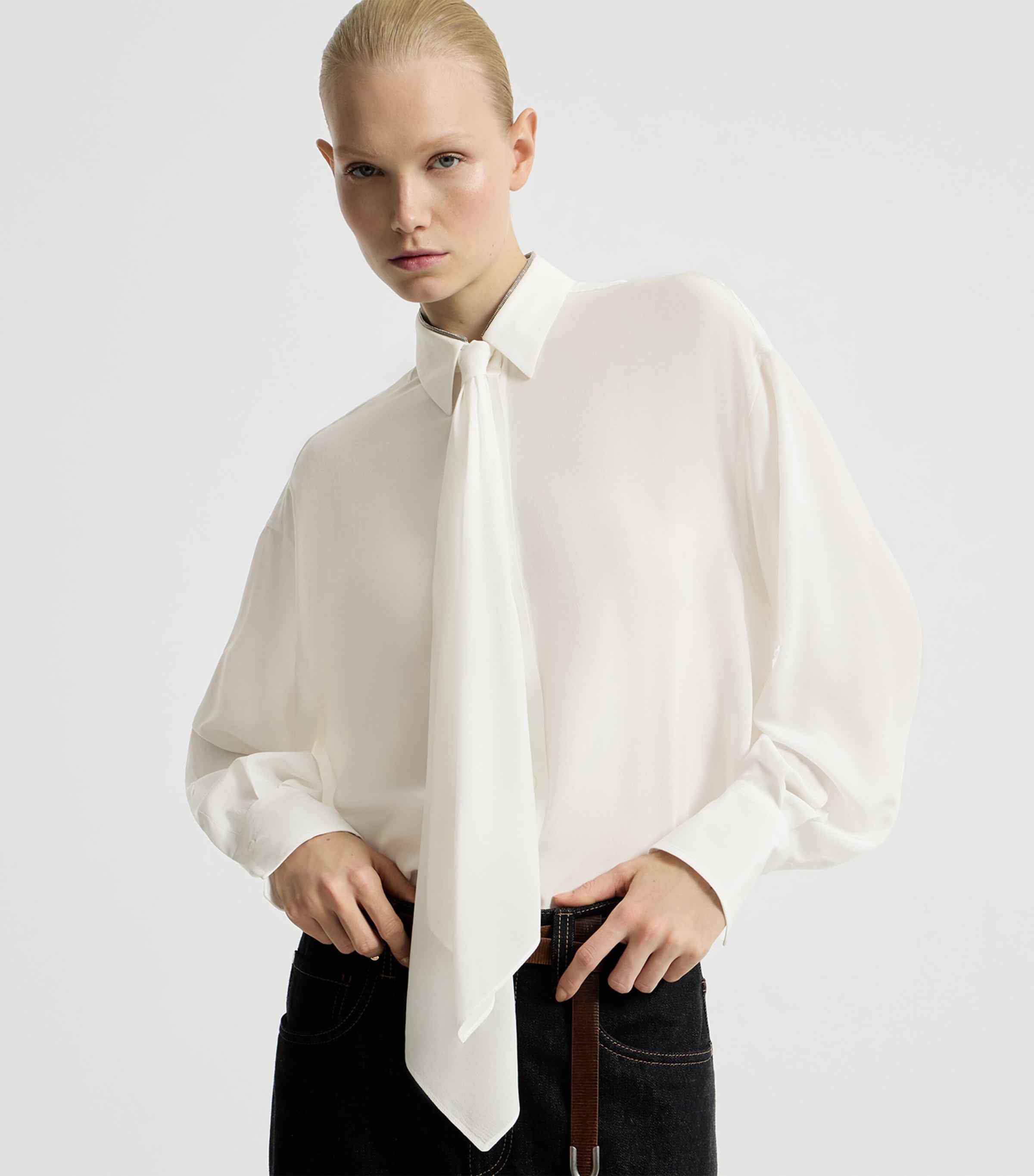 Brunello Cucinelli Womens Silk Tie-Detail Shirt Image 4