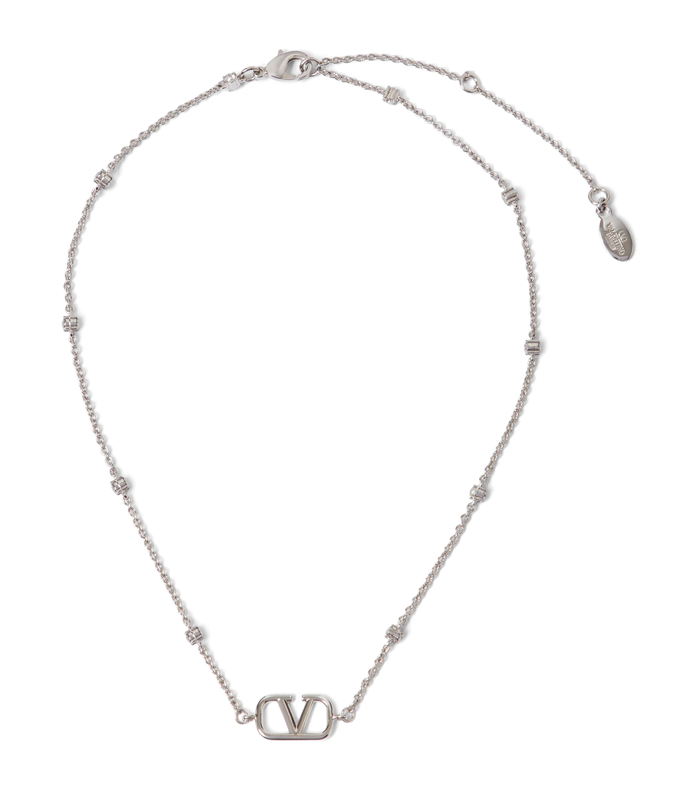 Valentino Garavani Embellished Vlogo Necklace In Metallic