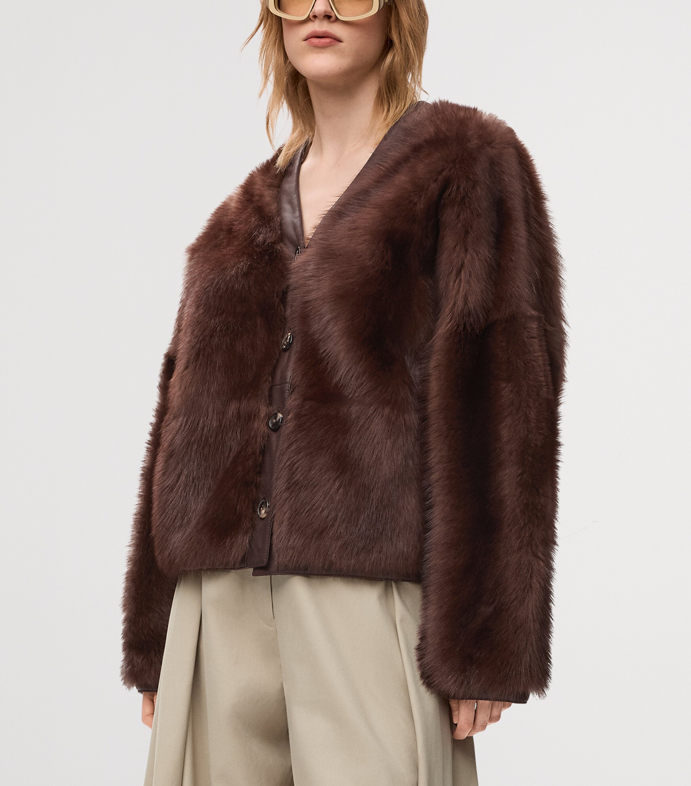 LOEWE Womens Leather Fur-Covered Cardigan Brown Image 3