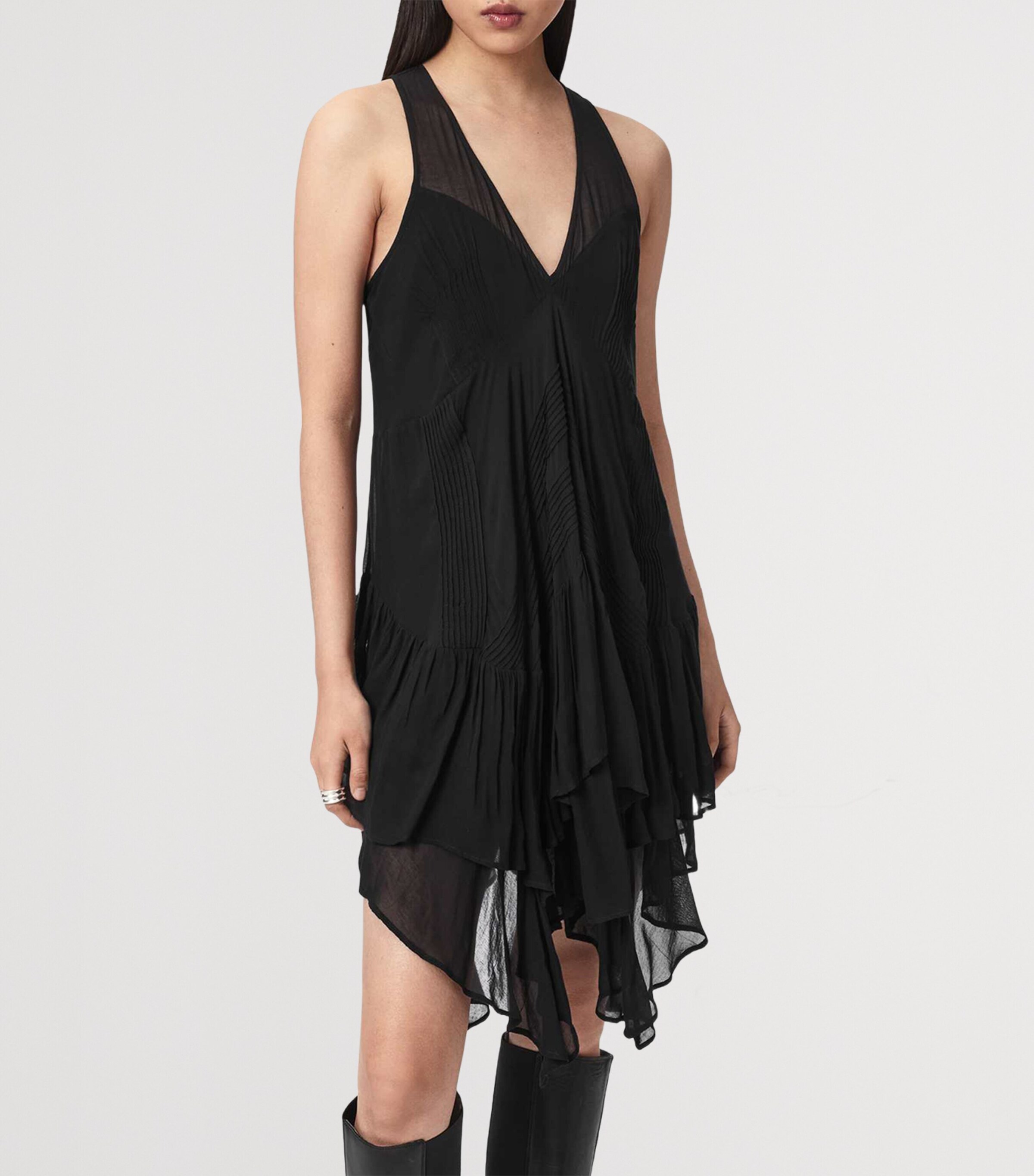 AllSaints Womens Asymmetric Tiered Gretel Midi Dress Black Image 3