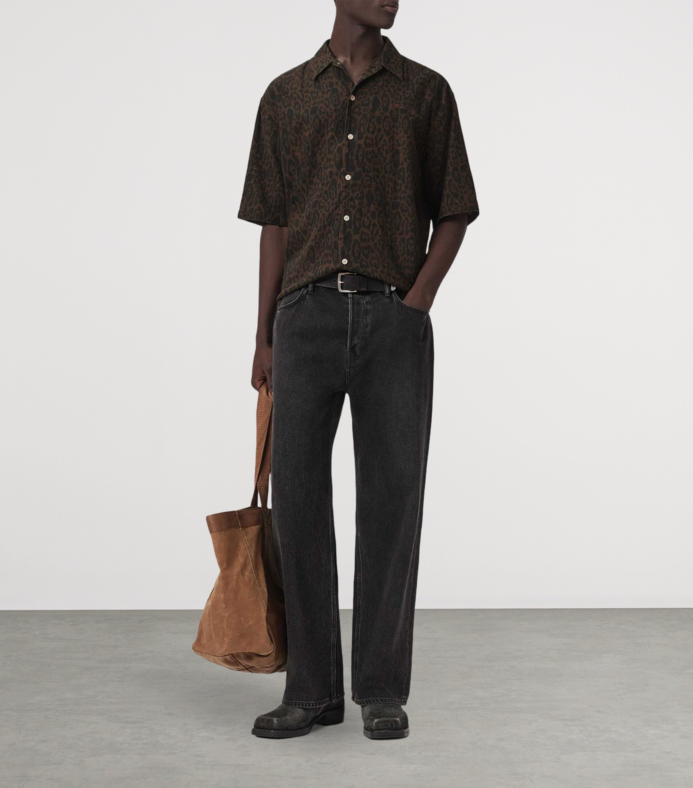 AllSaints Mens Organic Cotton-Linen Leopardo Shirt Hot Choc Brown Image 5