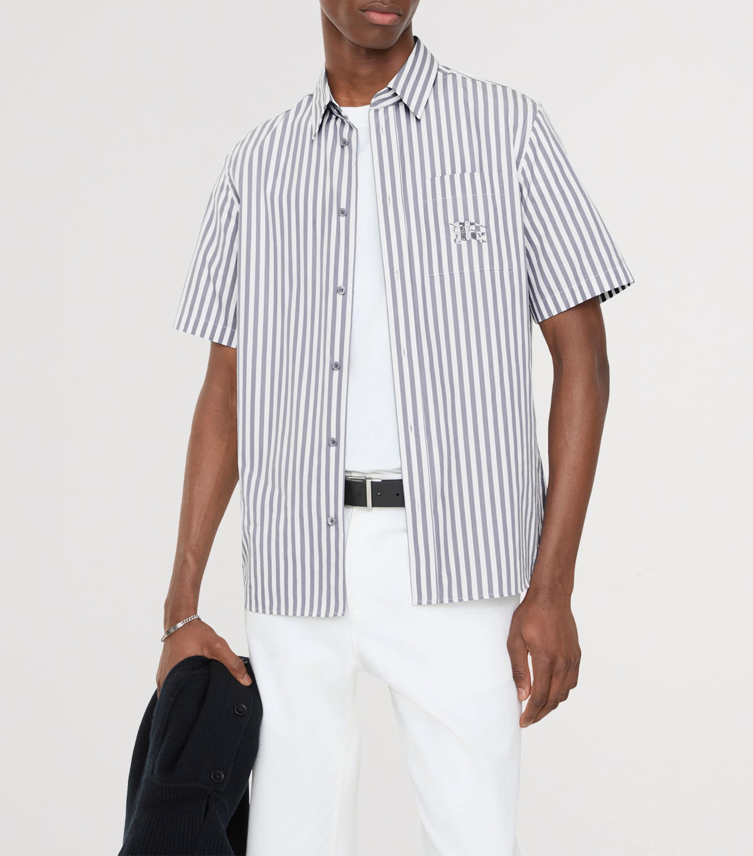 Burberry Mens Poplin Stripe Short Sleeve Shirt Marble Grey/white St Image 2