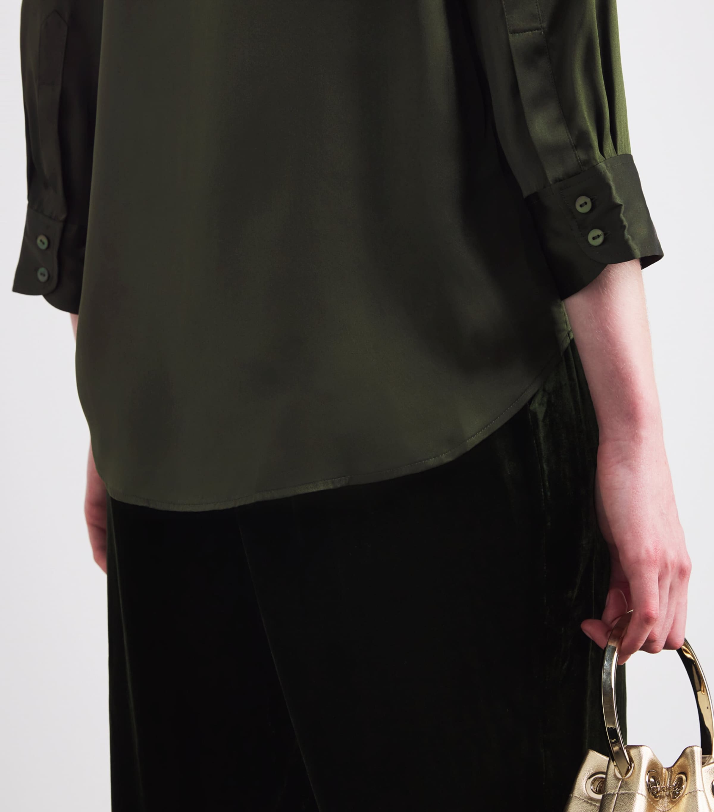 Silk Cropped-Sleeve Dani Shirt DEEP OLIVE DEOL Image 6