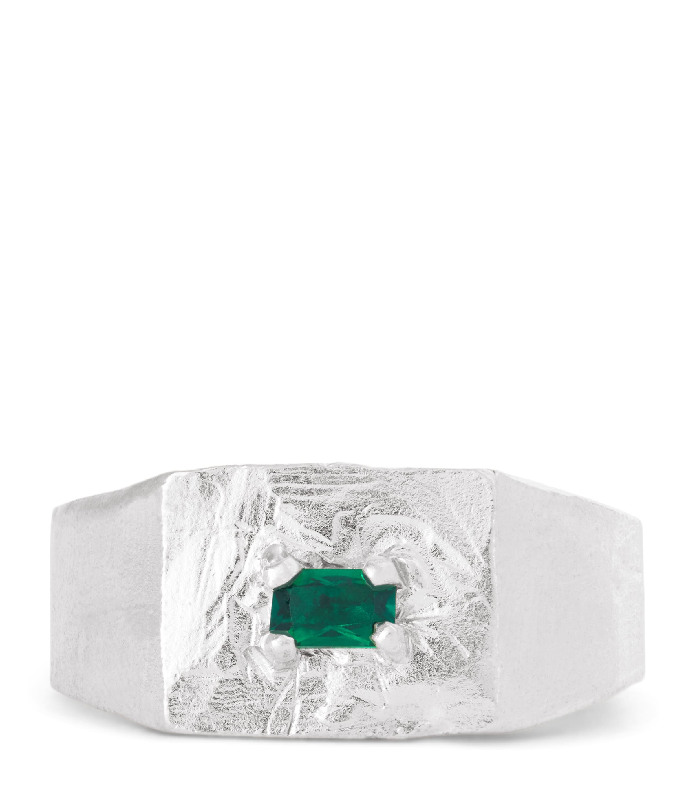 Sterling Silver and Emerald Square Signet Ring GREEN Image 1