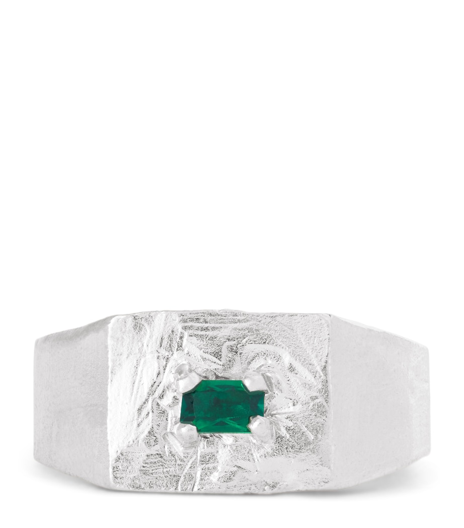 Sterling Silver and Emerald Square Signet Ring GREEN Image 1